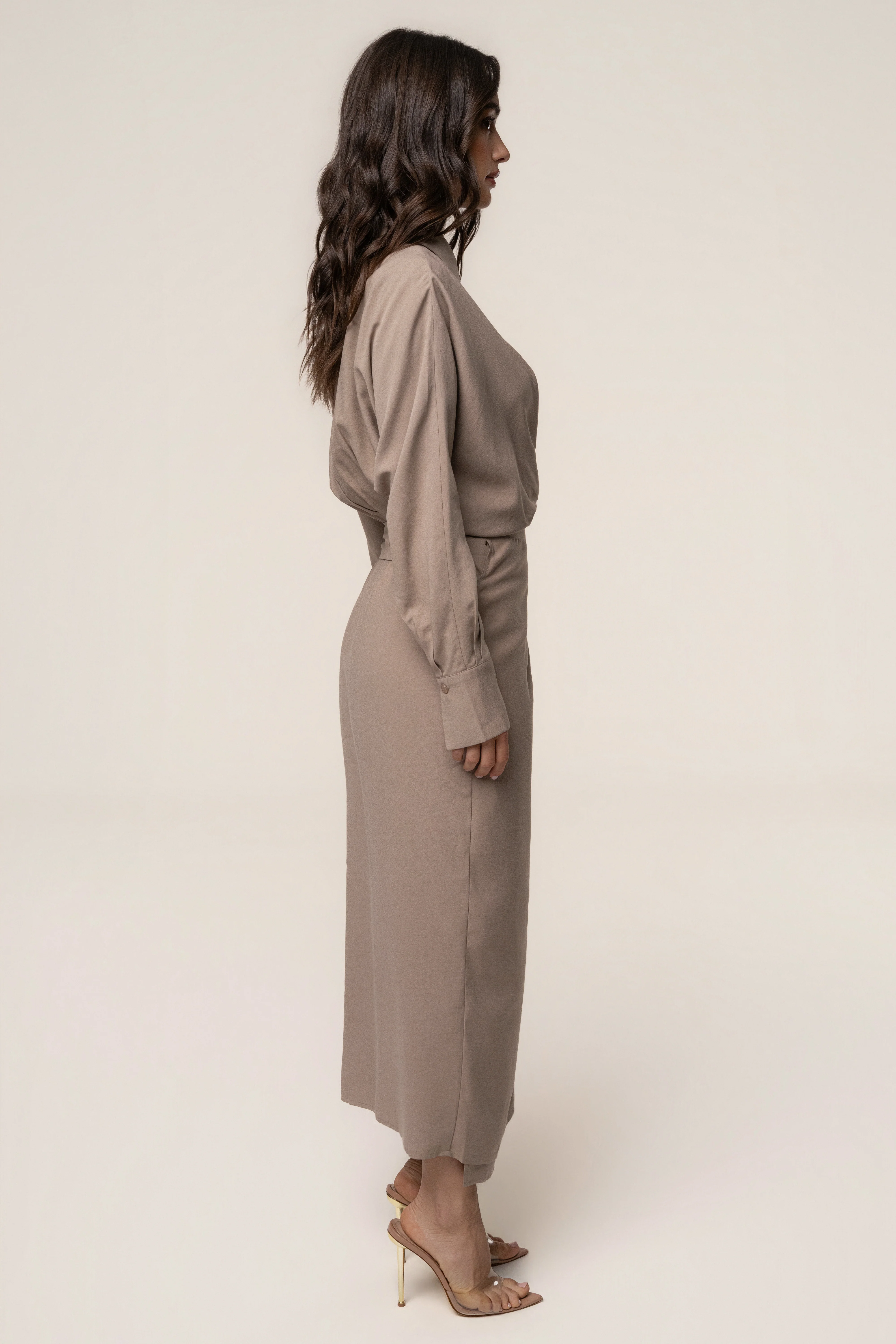 Beige Skyline Wrap Midi Dress