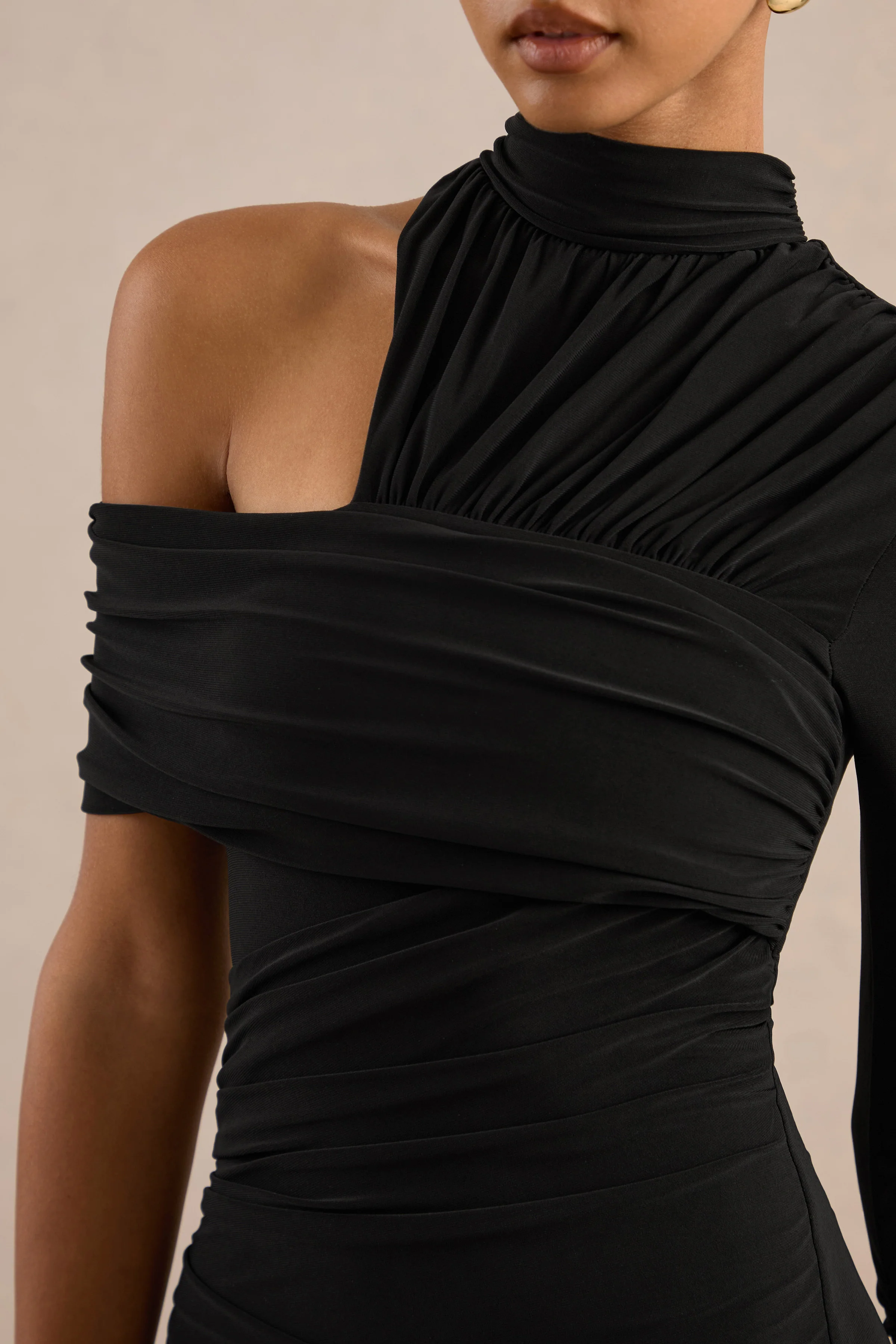 Valeska | Black Jersey Ruched High Neck Long Sleeve Maxi Dress With Split