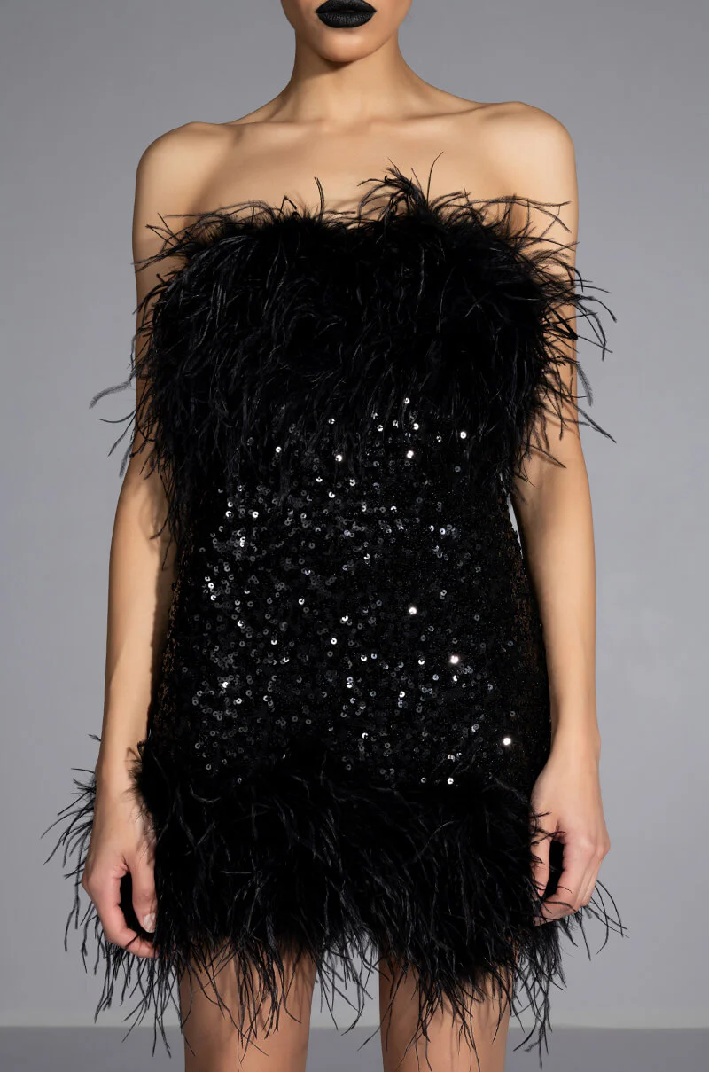 Bon Anniversaire Feather Trim Sequin Mini Dress