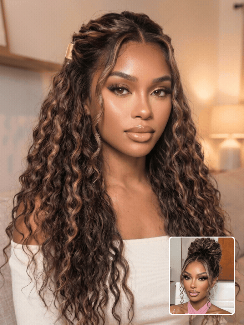 Golden Brown Highlight Water Wave 7x5 Bye Bye Knots Lace Closure Glueless Human Hair Wig with Drawstring