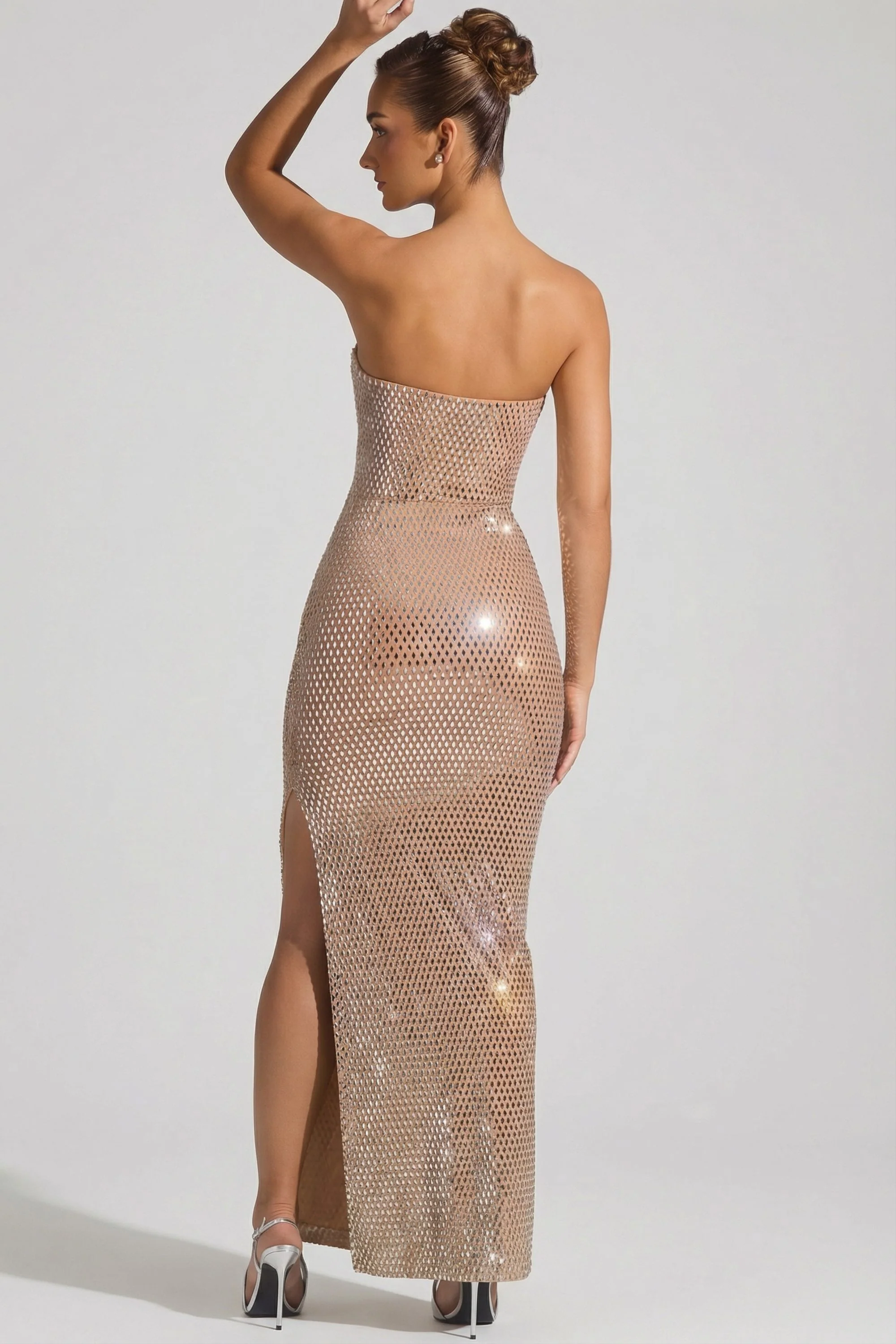 Embellished Strapless Plunge Gown in Almond