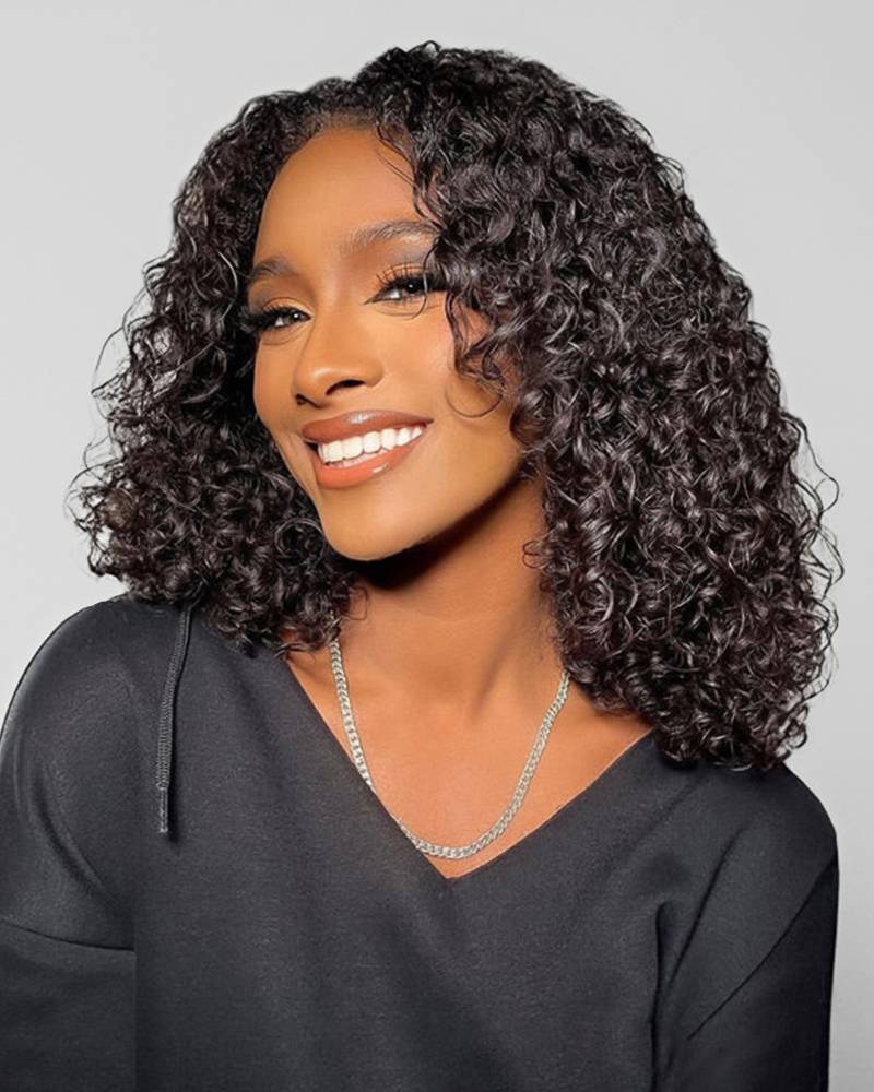 Ophirawig 6 Inches Deep Part Natural Black Jerry Curly Bob Wig 100% Human Hair Wig