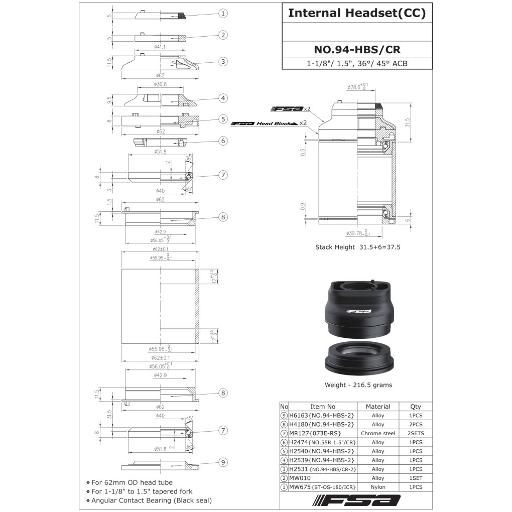 FSA Headset - No. 94 | HBS | CR (for Internal Cable Routing) - ZS56/28.6 | ZS56/40
