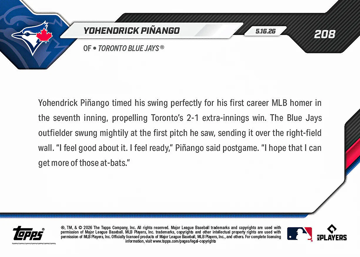 Yohendrick Piñango - 2026 MLB Topps NOW® - Card 208