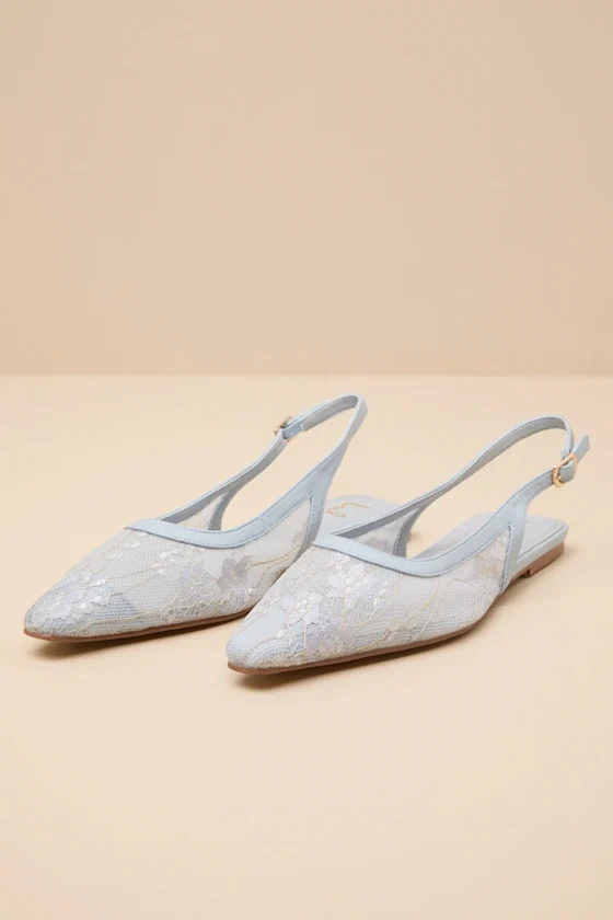 Cepheus Baby Blue Mesh Embroidered Slingback Flats