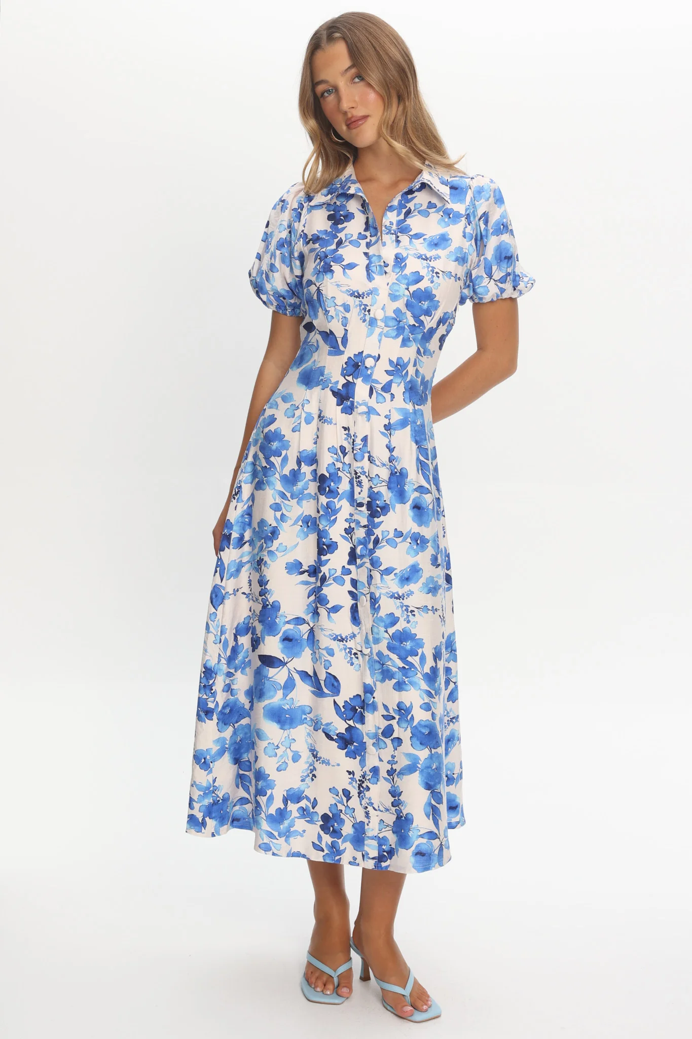 Kyrah Puff Sleeve Midi Dress Floral White