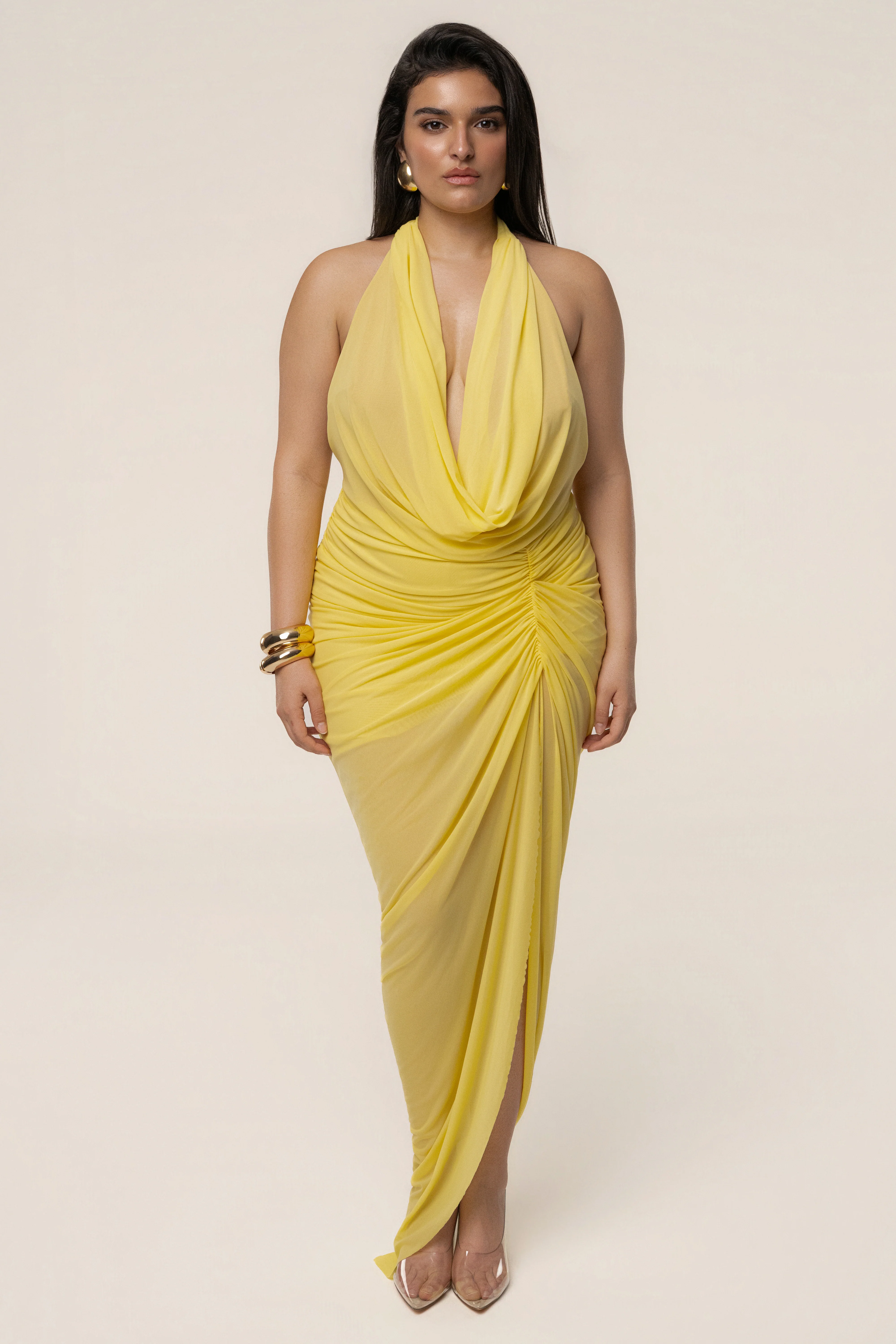 Yellow Ariana Plunge Halter Dress