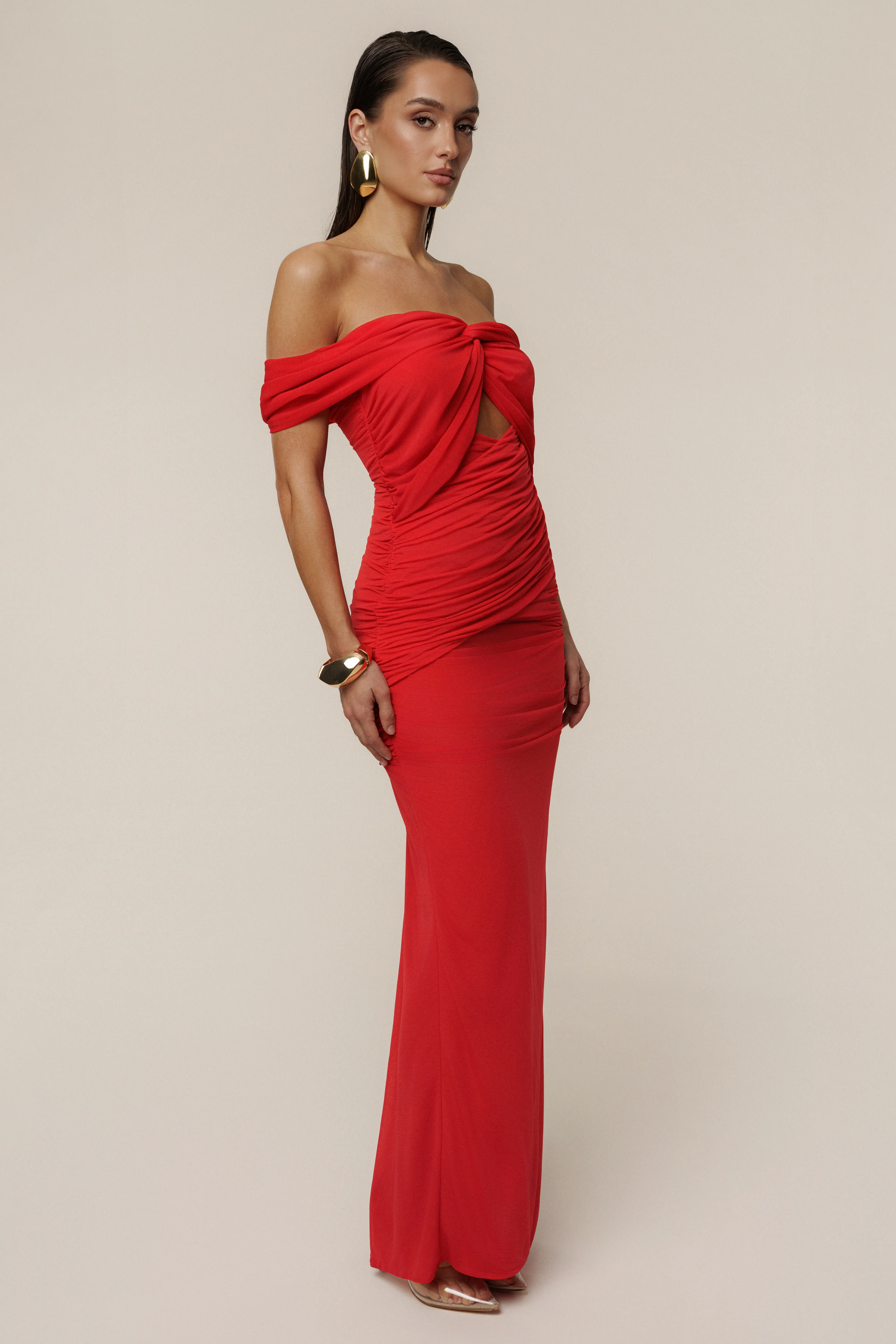 Red Alessandra Off Shoulder Maxi Dress