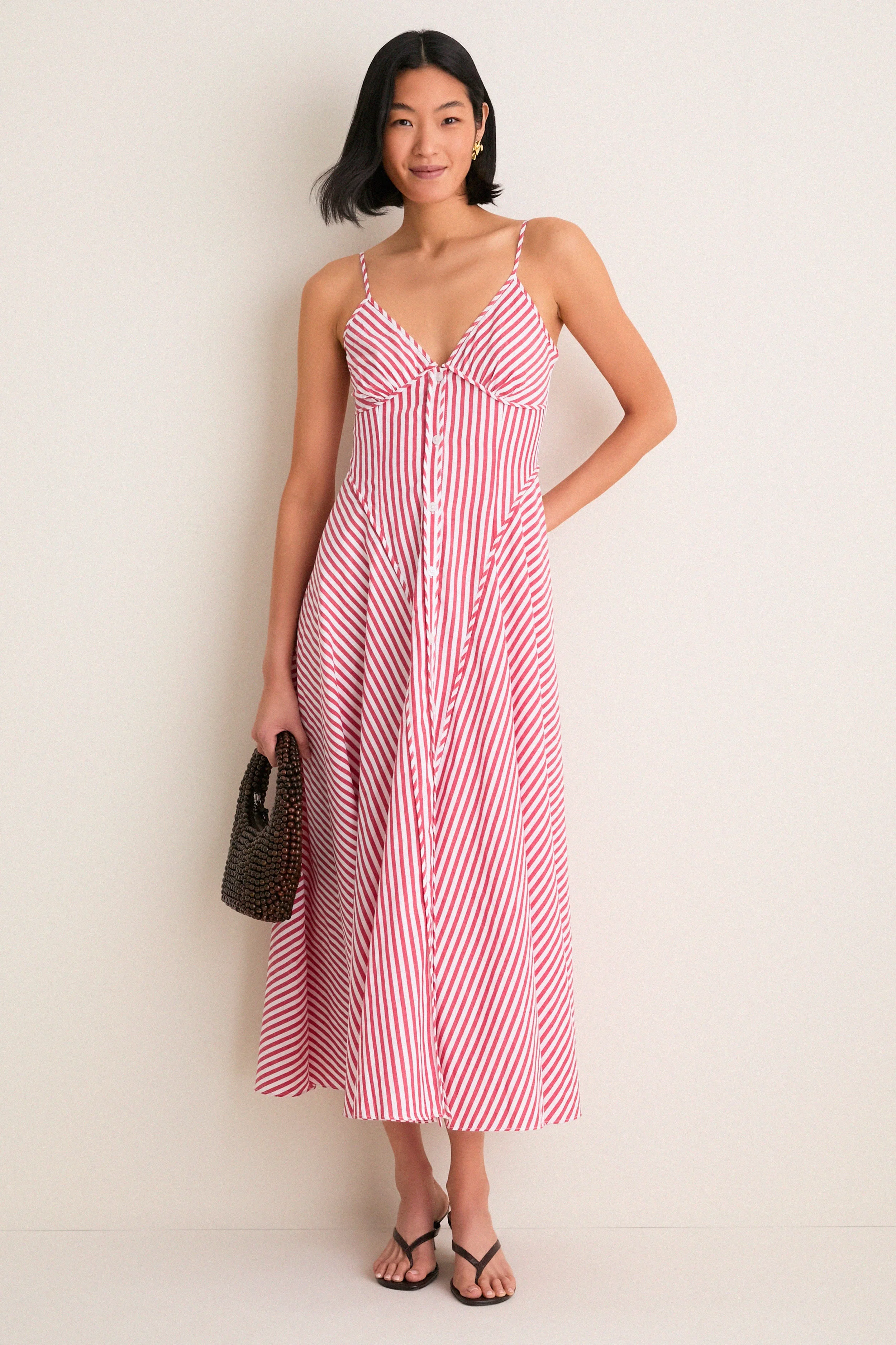 Red and White Striped Arabella Midi Dress
