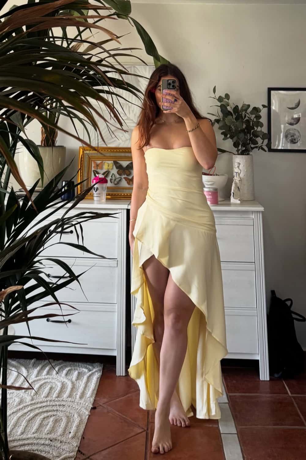 Strapless Yellow Soft Satin Slit Maxi Dress