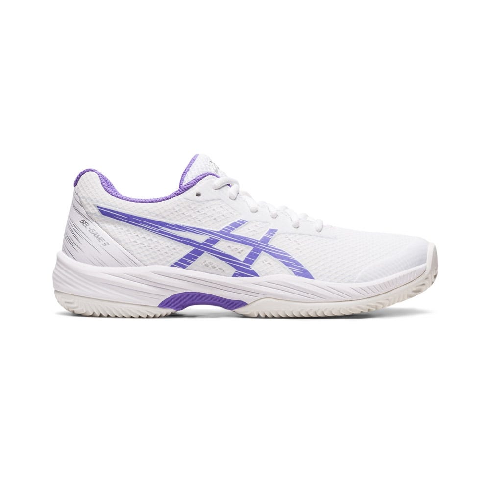 WOMEN’S WHITE AND PURPLE ASICS GEL-GAME 9 CLAY/OC 1042A217-101