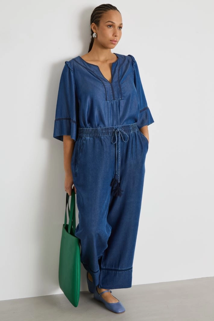 Wide-leg embroidered twill trousers - BLUE