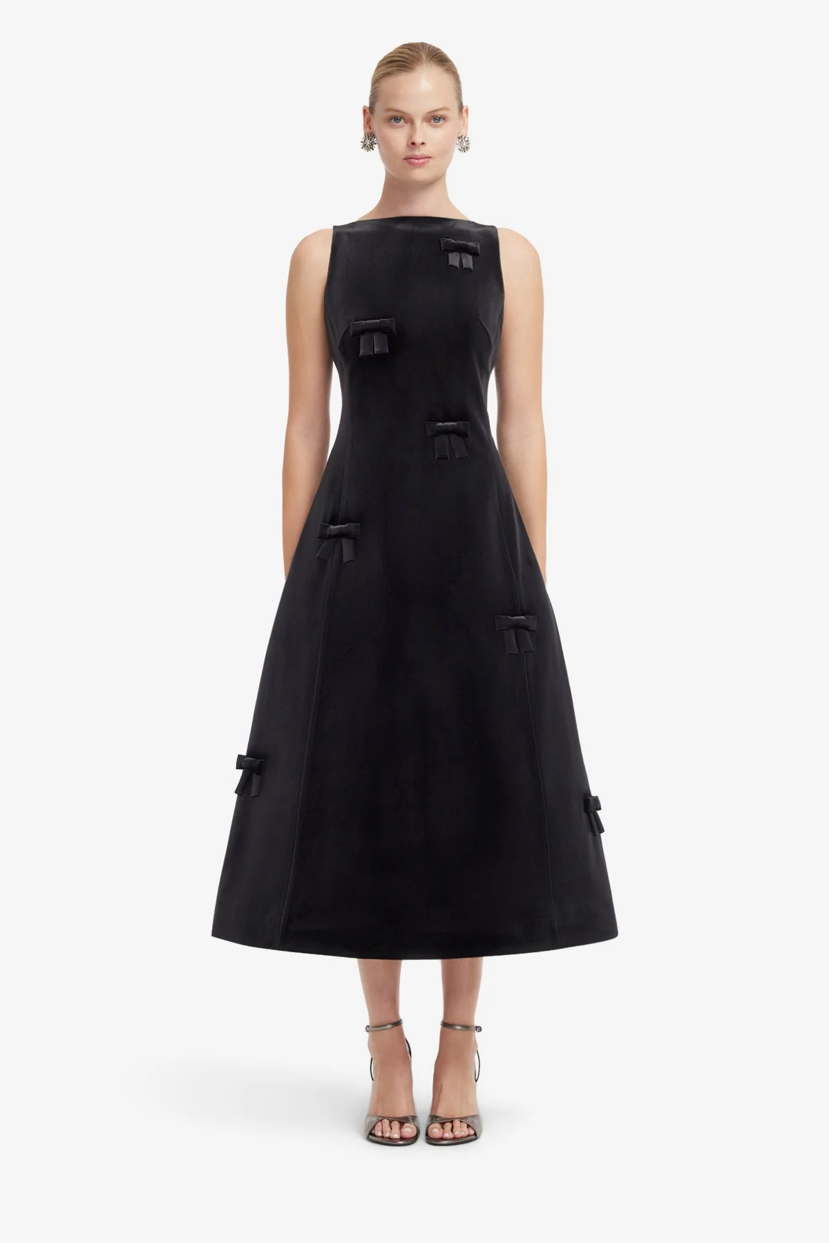 Cleo Velvet Bow Sleeveless Midi Dress - Ebony