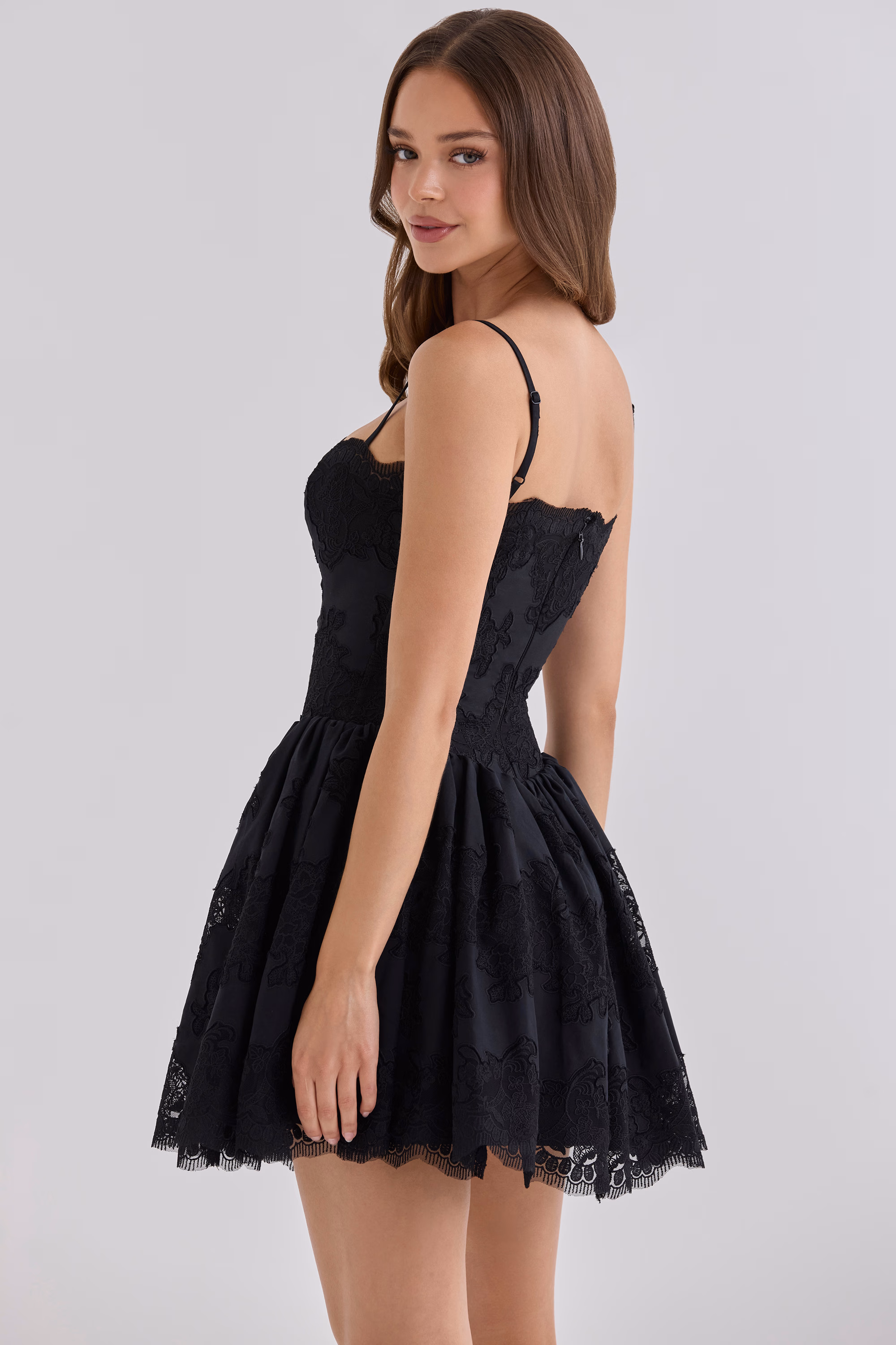 CHLOE Black Custom Lace + Broderie Anglaise Colton Mini Dress