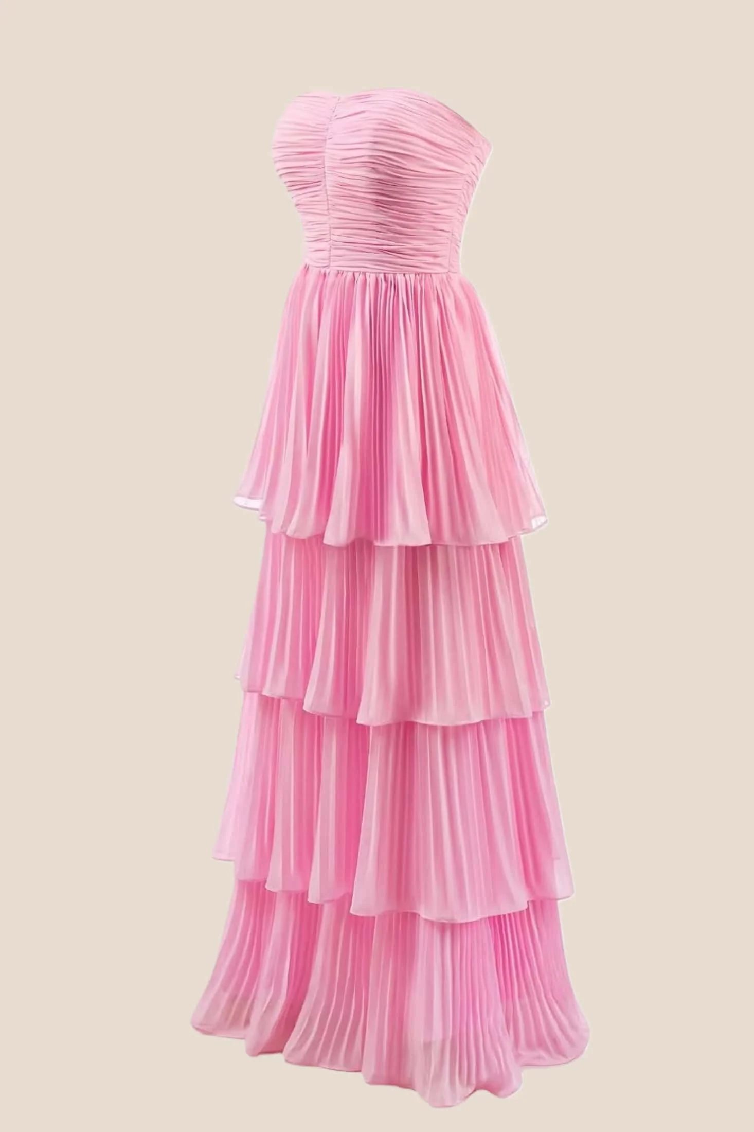 Hot Pink Chiffon Pleated A-line Tiered Maxi Dress