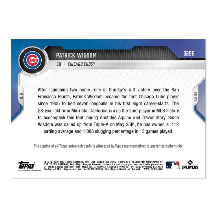 On-Card Auto # to 5 - Patrick Wisdom - 2021 MLB TOPPS NOW® Card 320E