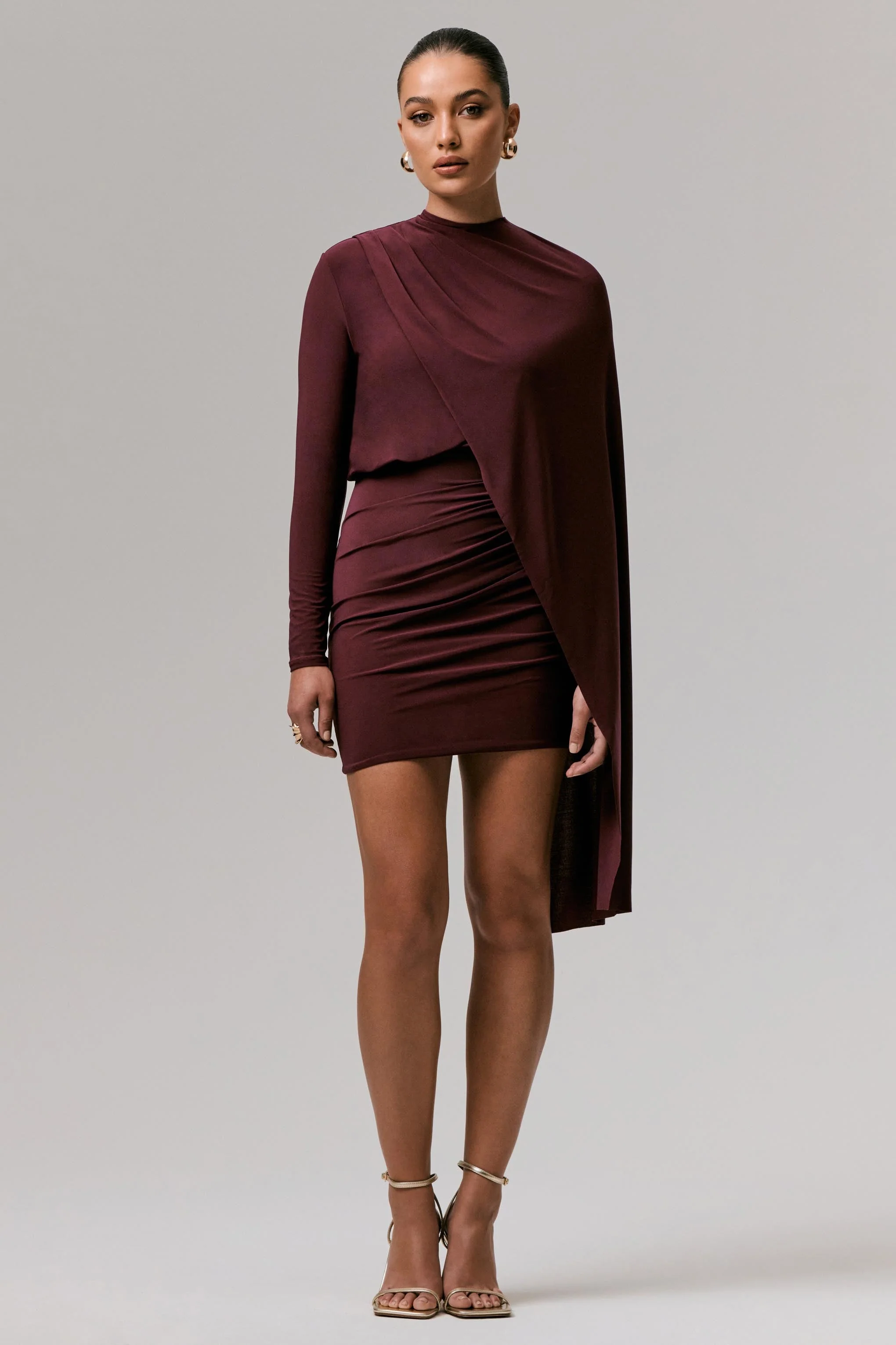 Celeste | Burgundy Long-Sleeve Mini Dress With Cape Sleeve