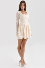 Cream Lace Long Sleeve Mini Dress