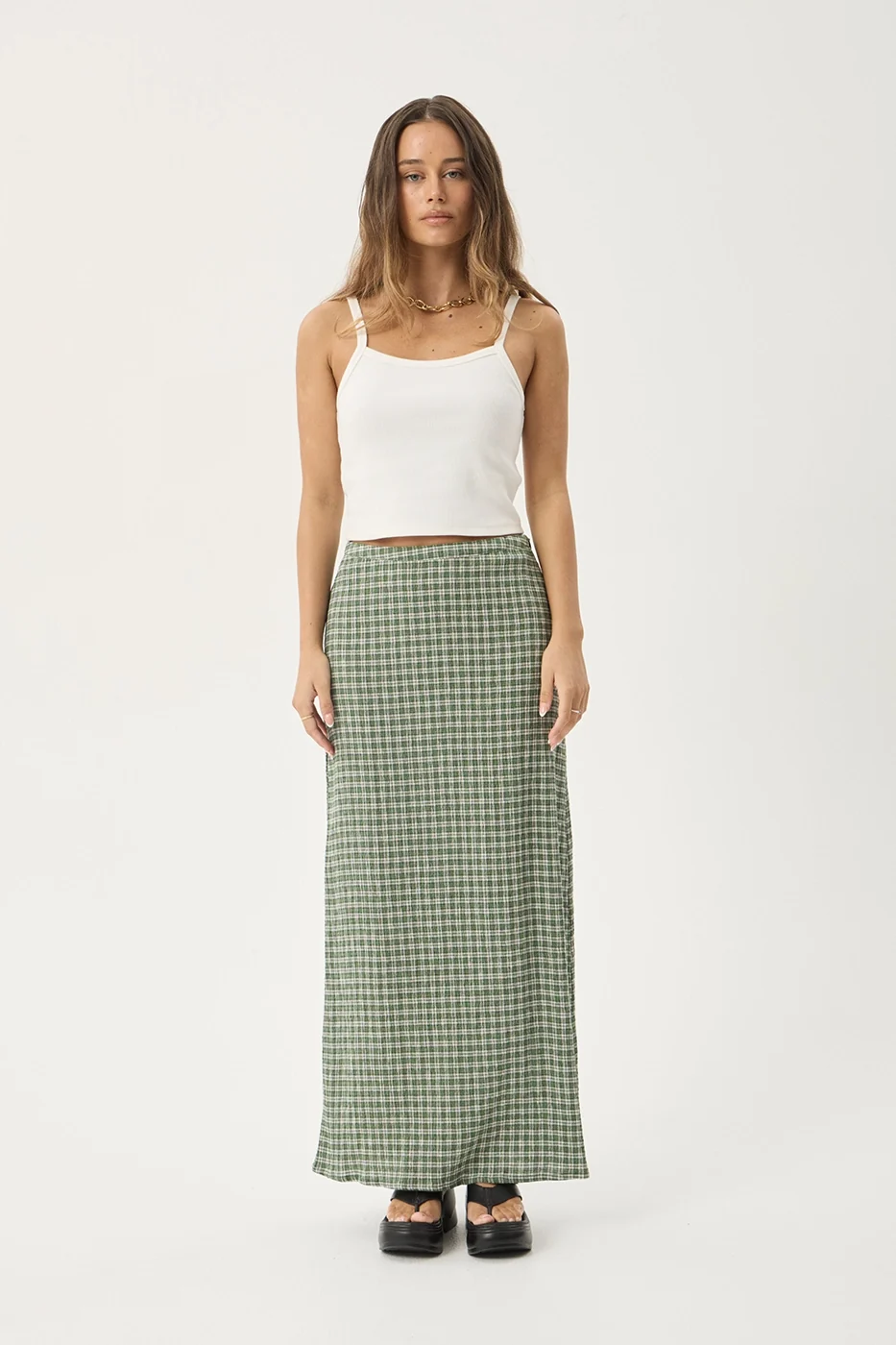 AFENDS Womens Lita - Seersucker Maxi Skirt - Base Deep Green Check