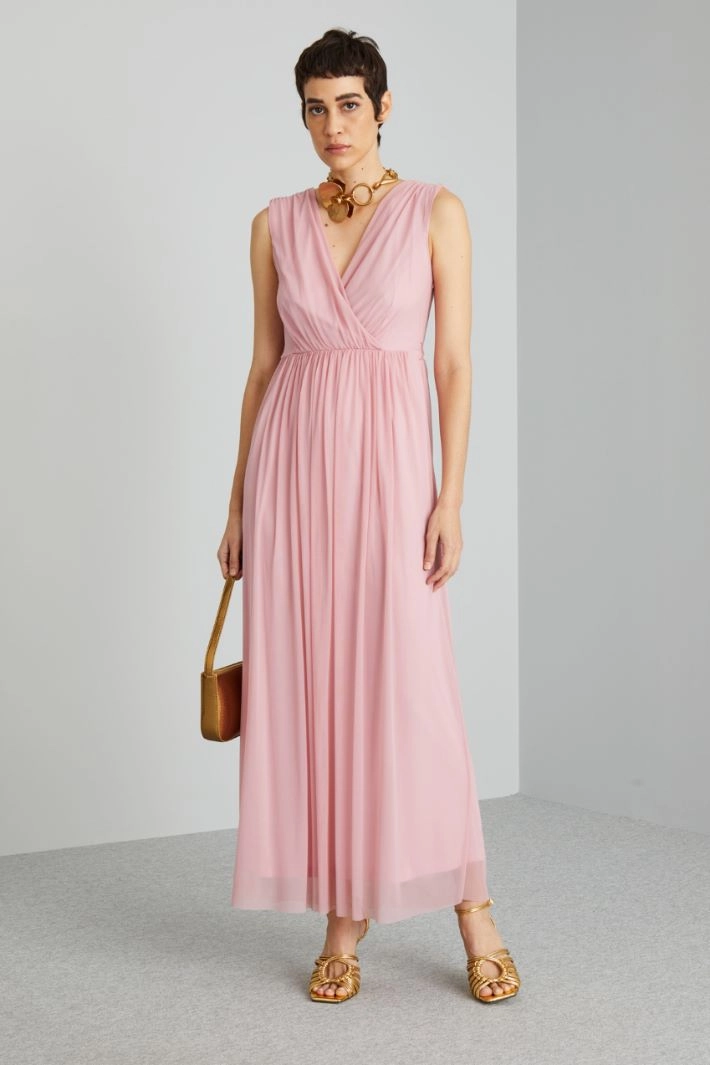 Tulle jersey dress with belt - PINK