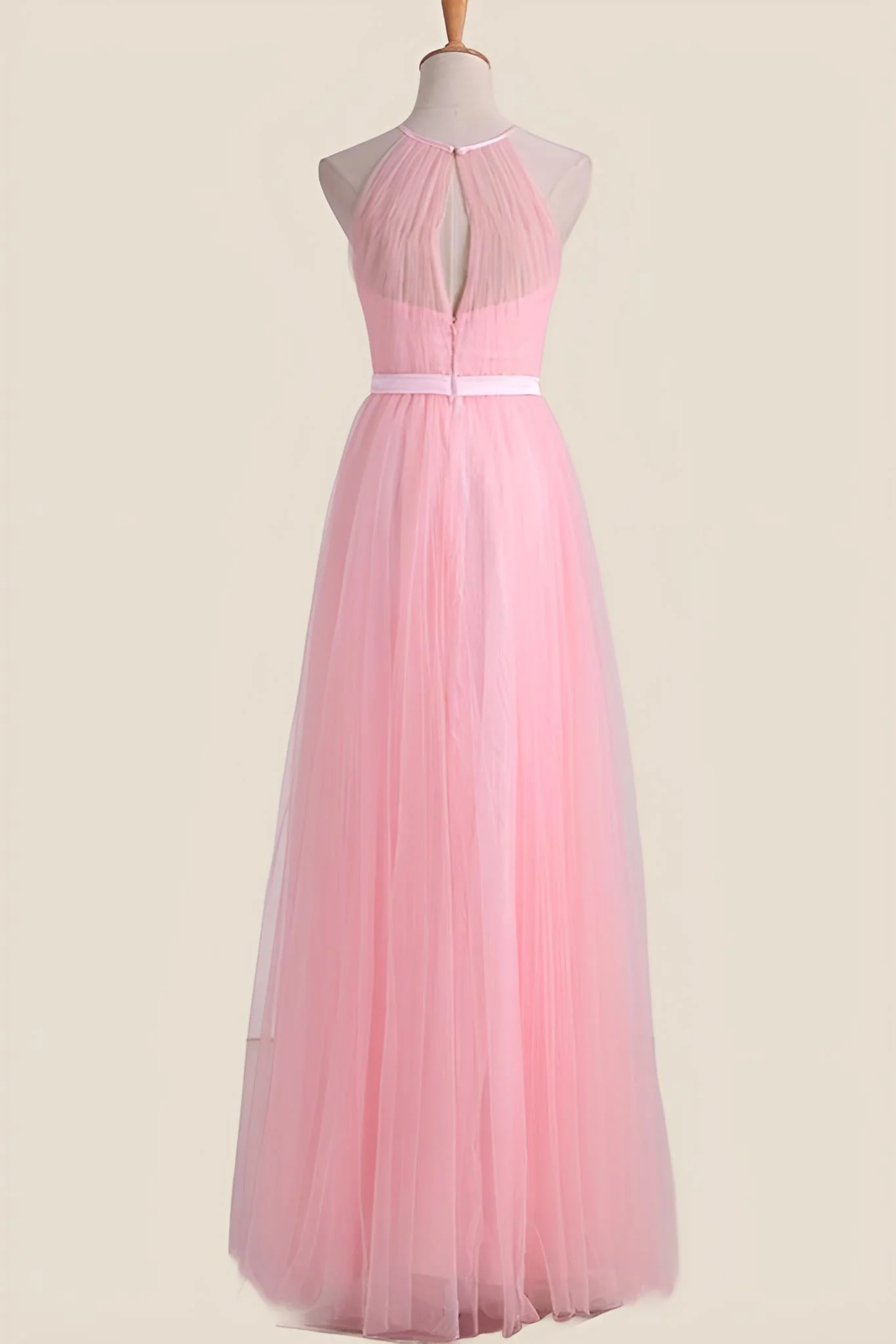 Halter Pink Pleated Tulle A-line Long Party Dress