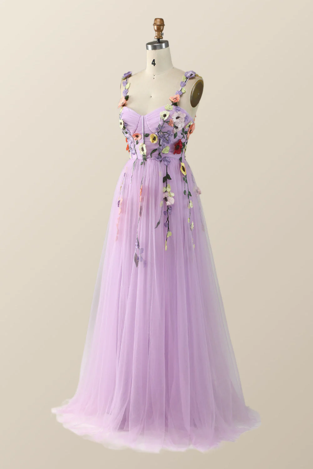 Lavender Tulle and Floral Embroidery Long Formal Gown