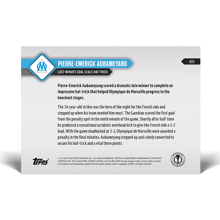 Topps UK - Pierre-Emerick Aubameyang - Last-minute goal seals hat-trick - UEL TOPPS NOW® Card #23