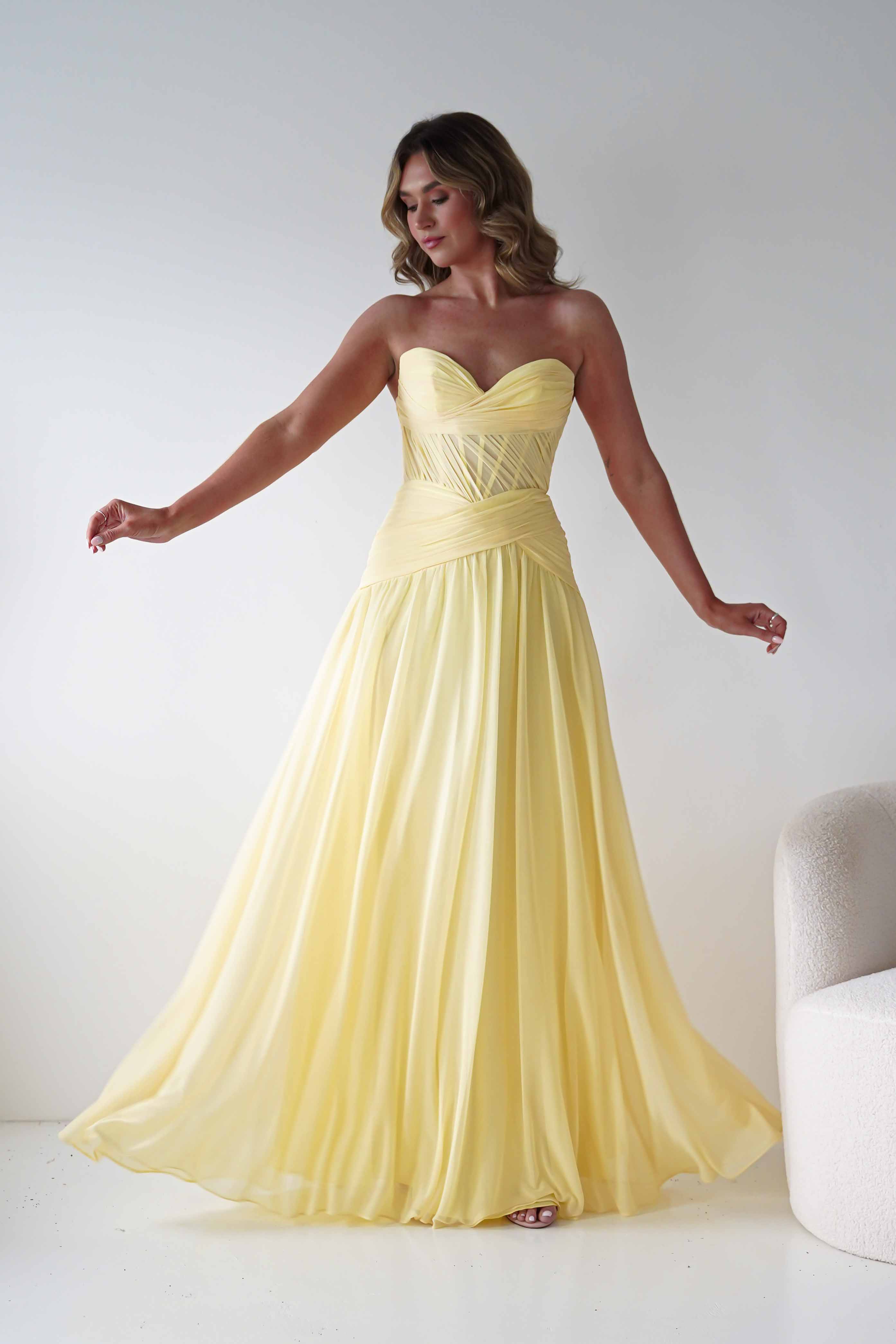 Nicolette Strapless Chiffon Maxi Gown | Yellow