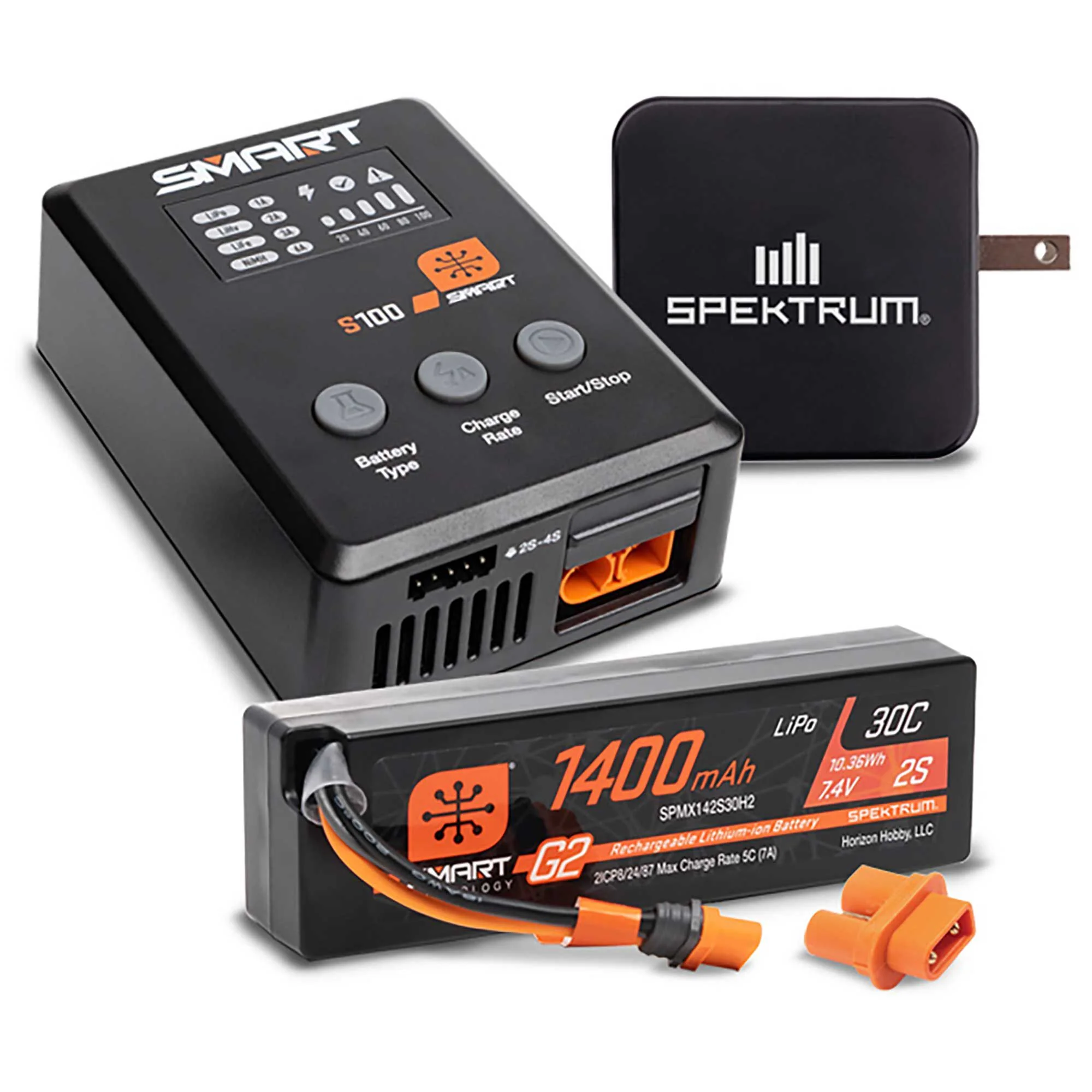 Smart Powerstage Surface Bundle: 1400mAh 2S 30C LiPo Battery (IC2) / 100W S100 Charger / 65W Power Supply, Spektrum SPMXPSS215