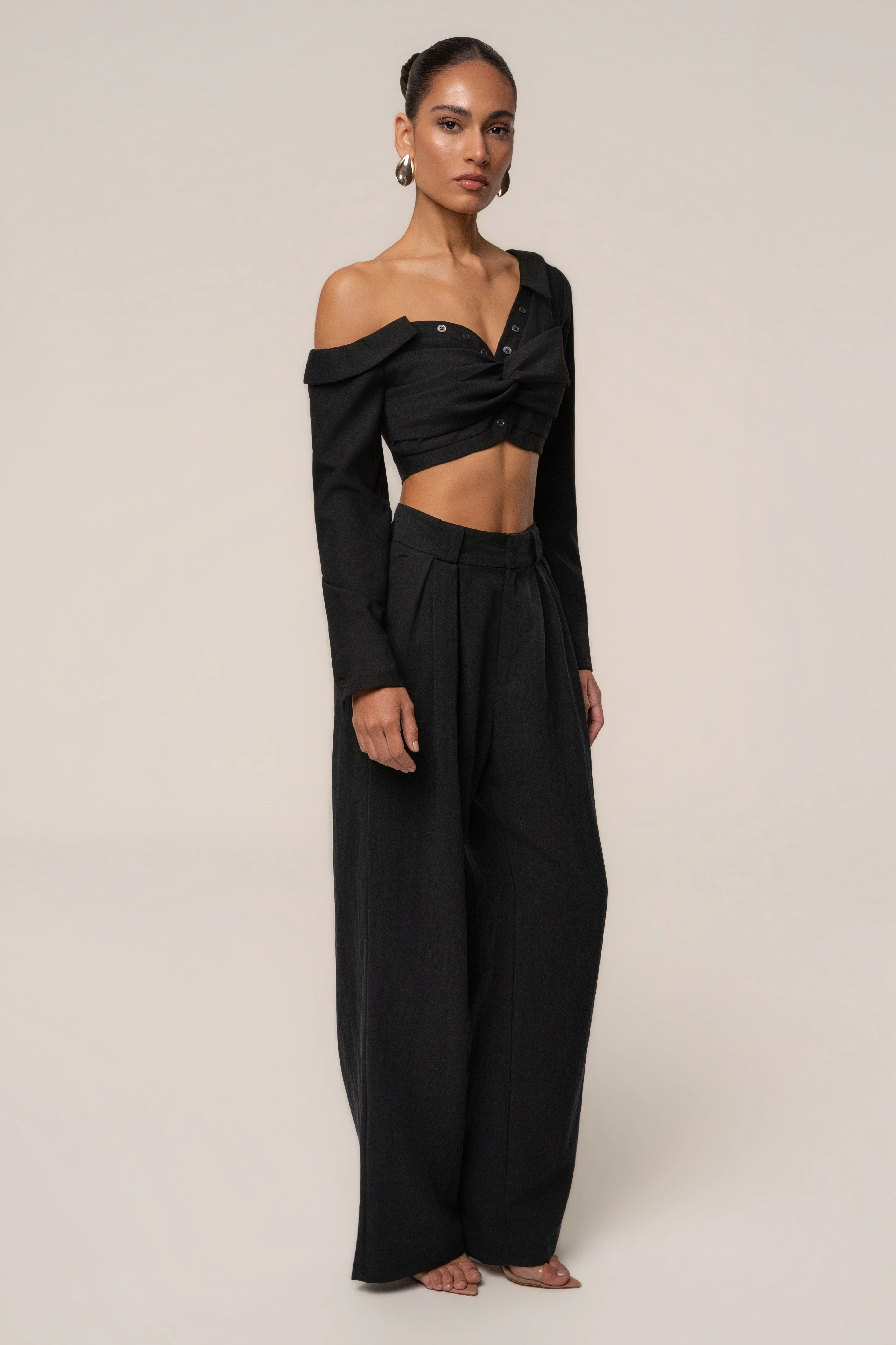 Black Off-Shoulder Twist Crop Top