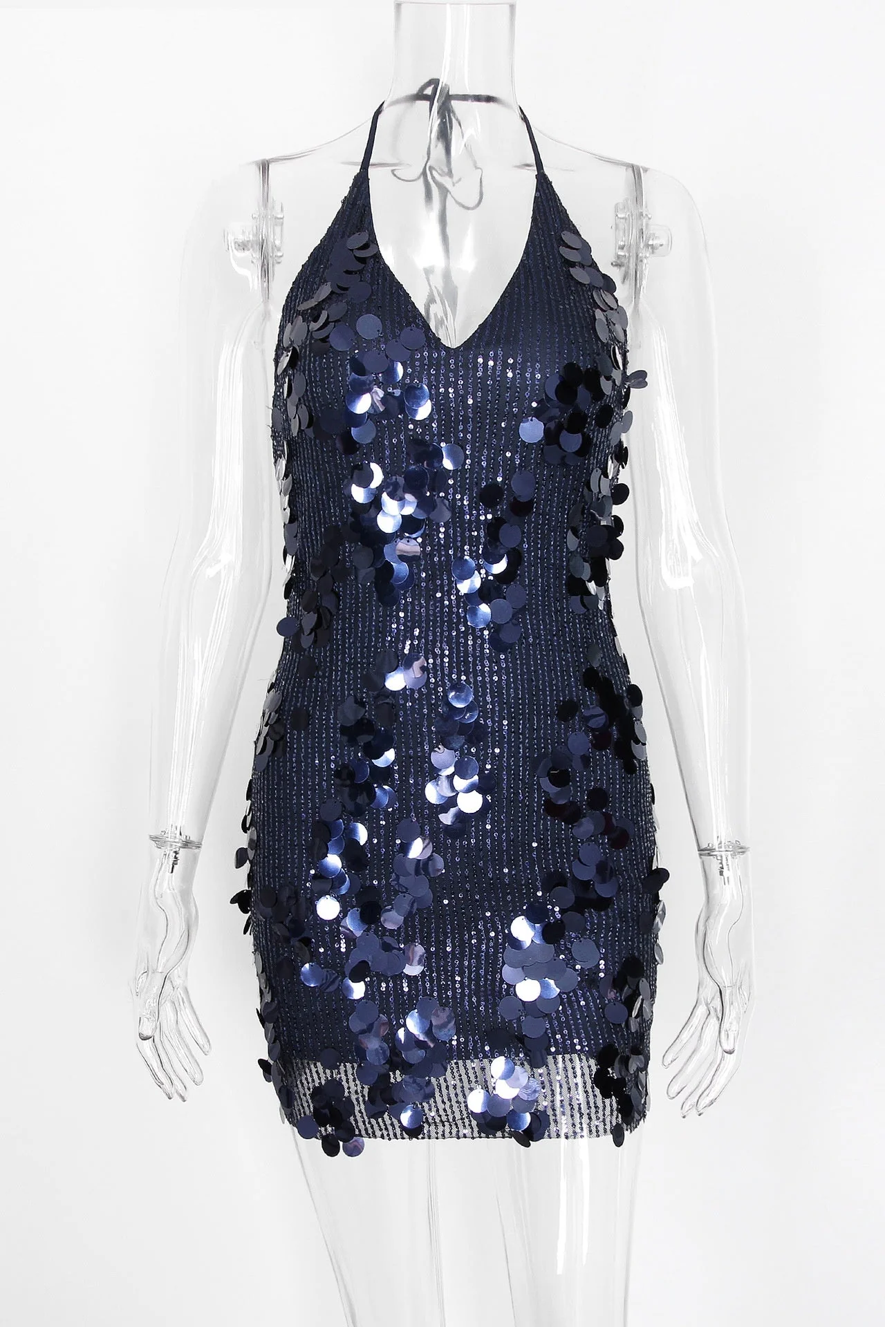 Halter Navy Blue Sequin Tight Short Dress