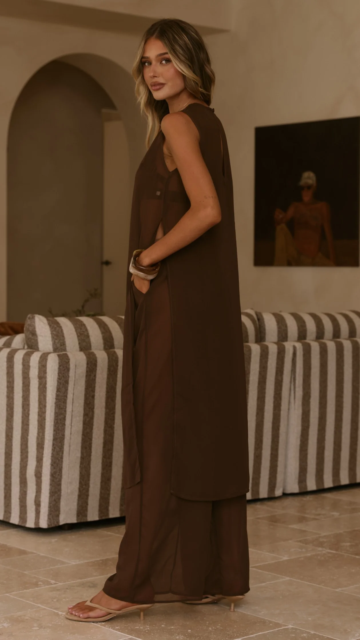 Zaire Long Line Sheer Top and Pants Set - Chocolate