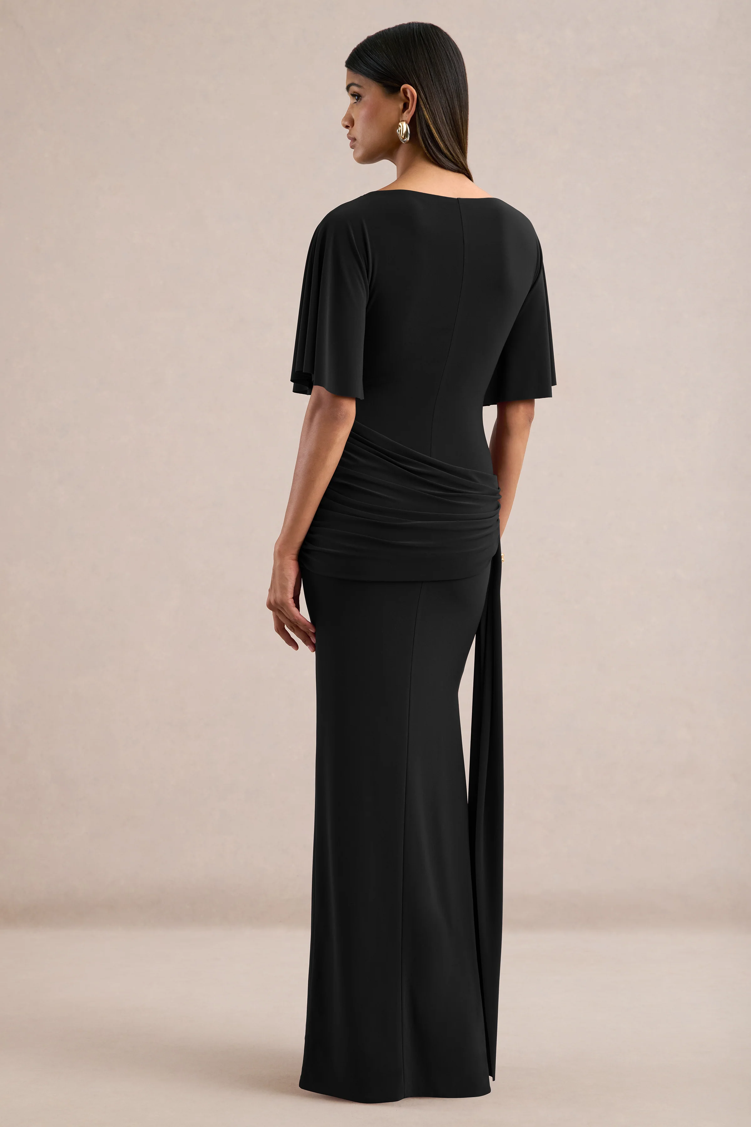 Emerelle | Black Jersey Ruched Boat Neck Short Sleeve Maxi Dress With Sash And Split