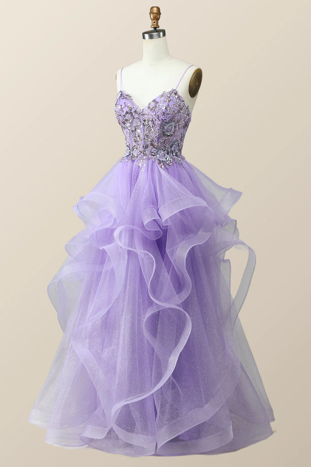 Beaded Lavender Ruffles A-line Long Prom Dress