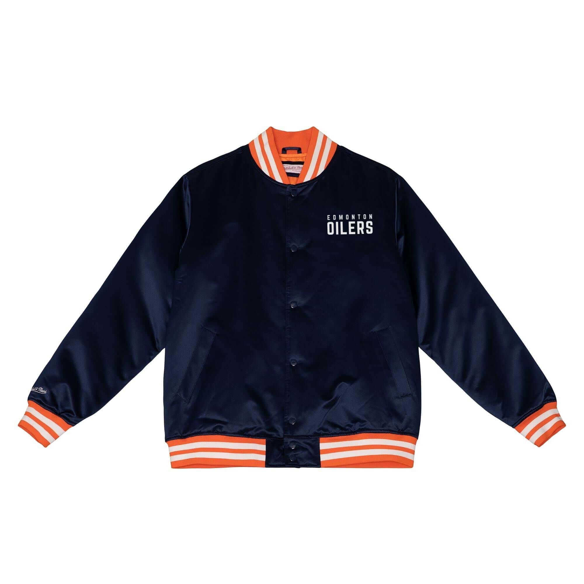 Edmonton Oilers Heavyweight Satin Mitchell & Ness NHL Jacket Navy