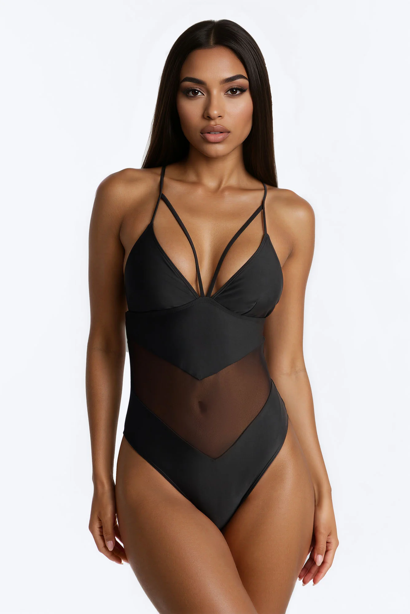 Nika 1 Piece Mesh Cutout Triangle Swimsuit - Black