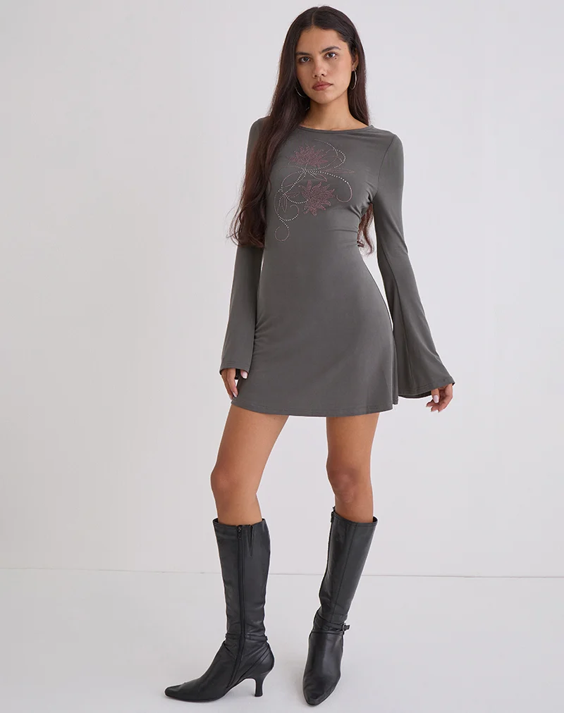 Sevila Long Sleeve Mini Dress in Cupro Diamante Flower Dark Grey