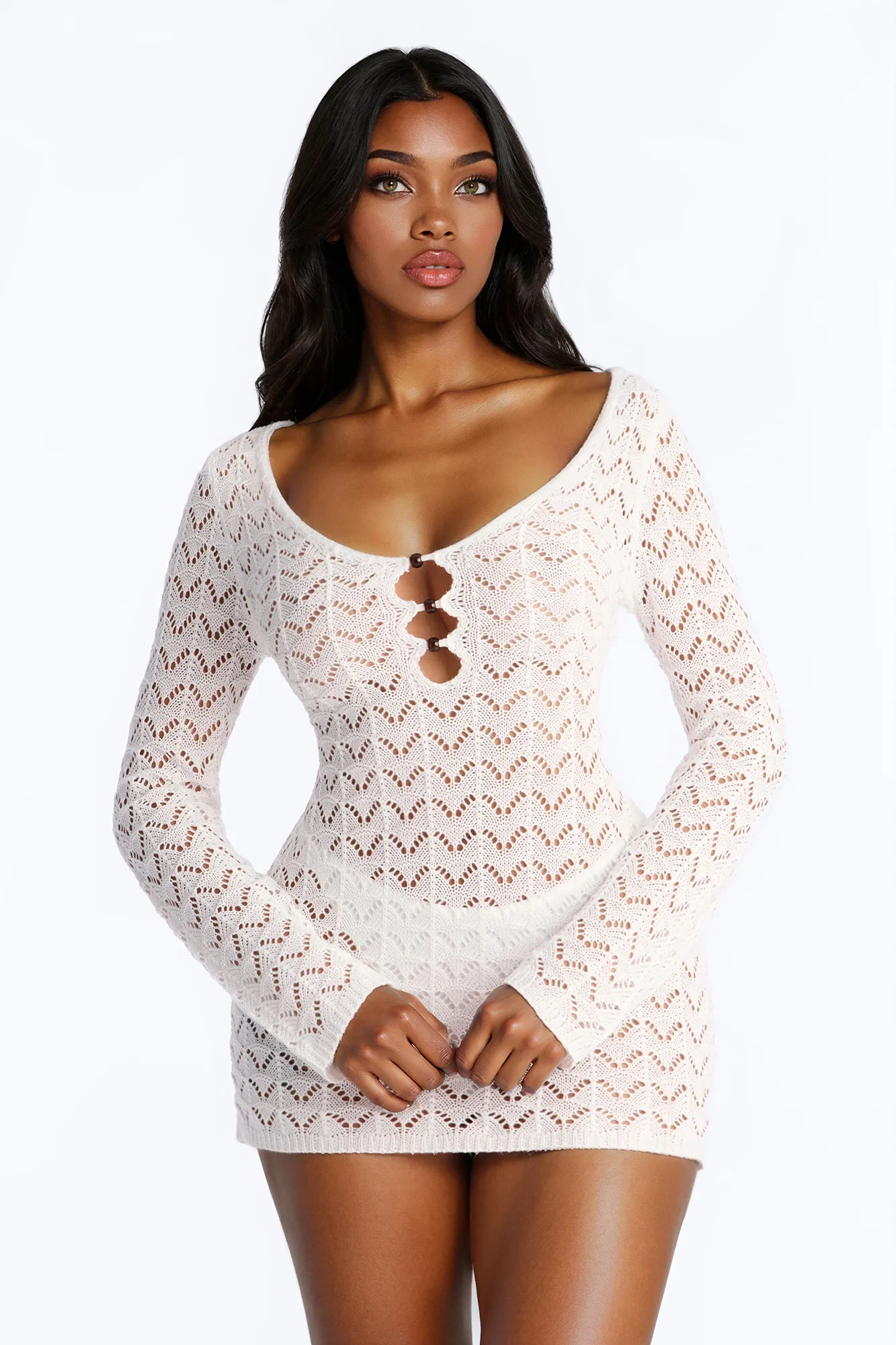 Tia Crochet Wood Beads Cover Up Dress - White
