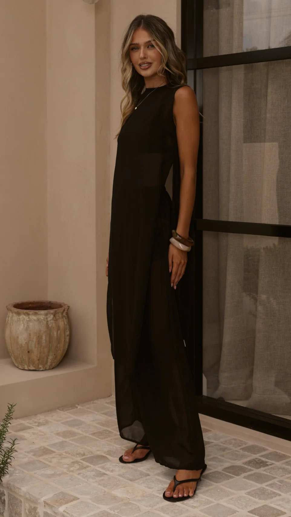 Zaire Long Line Sheer Top and Pants Set - Black