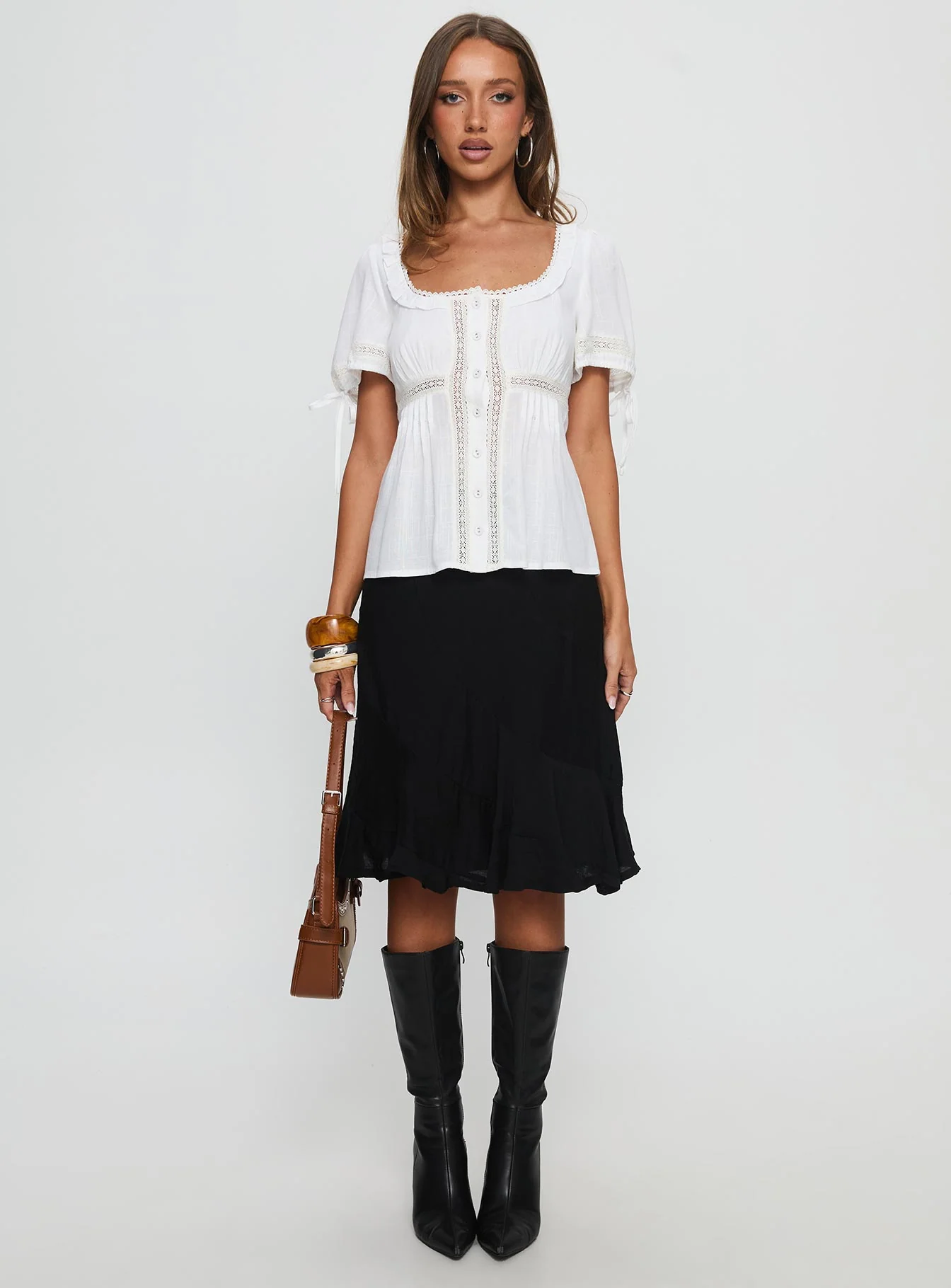 Indianah Pleat Lace Panel Blouse Top White