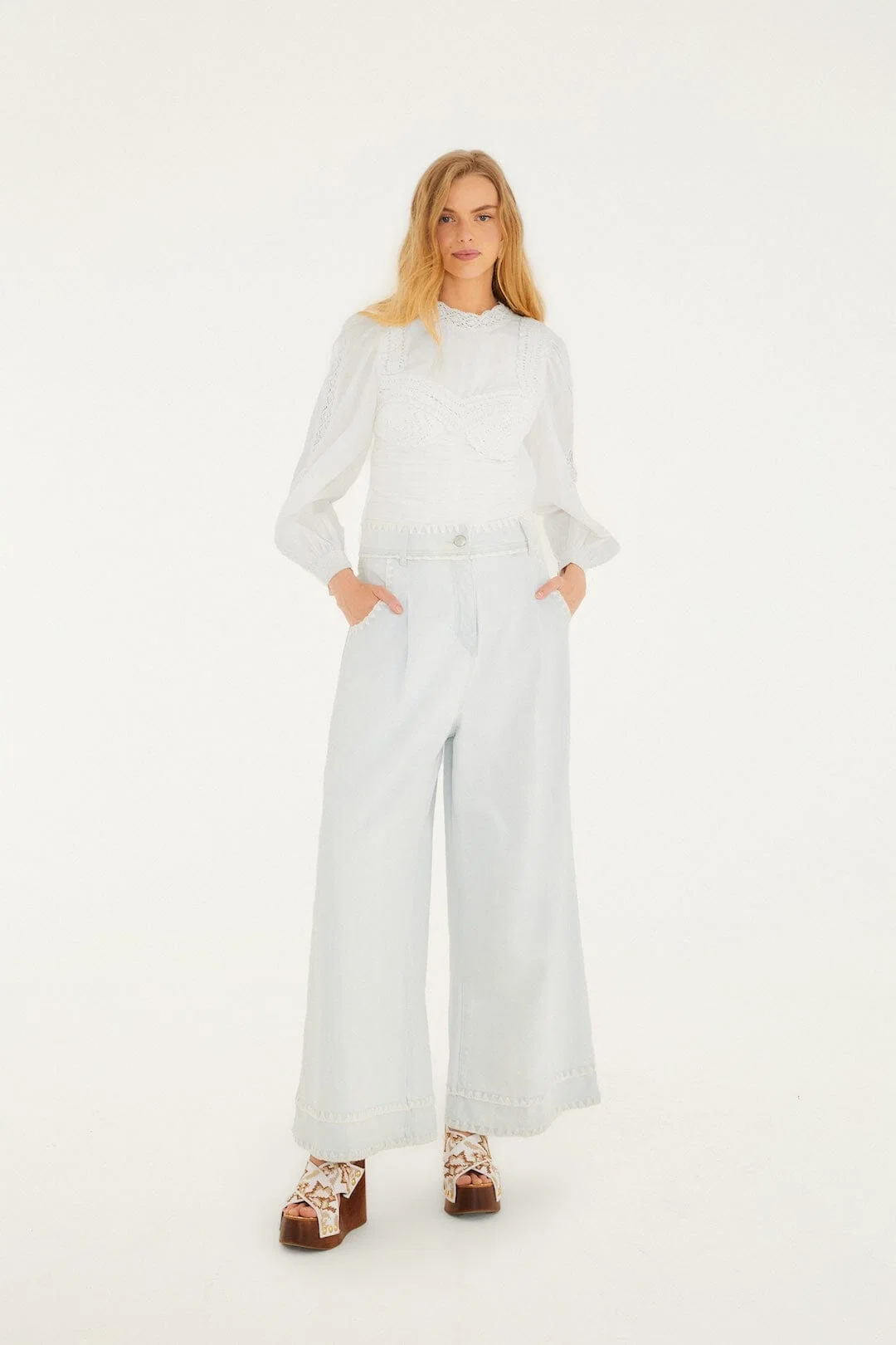 Off-White Crew Neck Long Sleeve Crochet Blouse