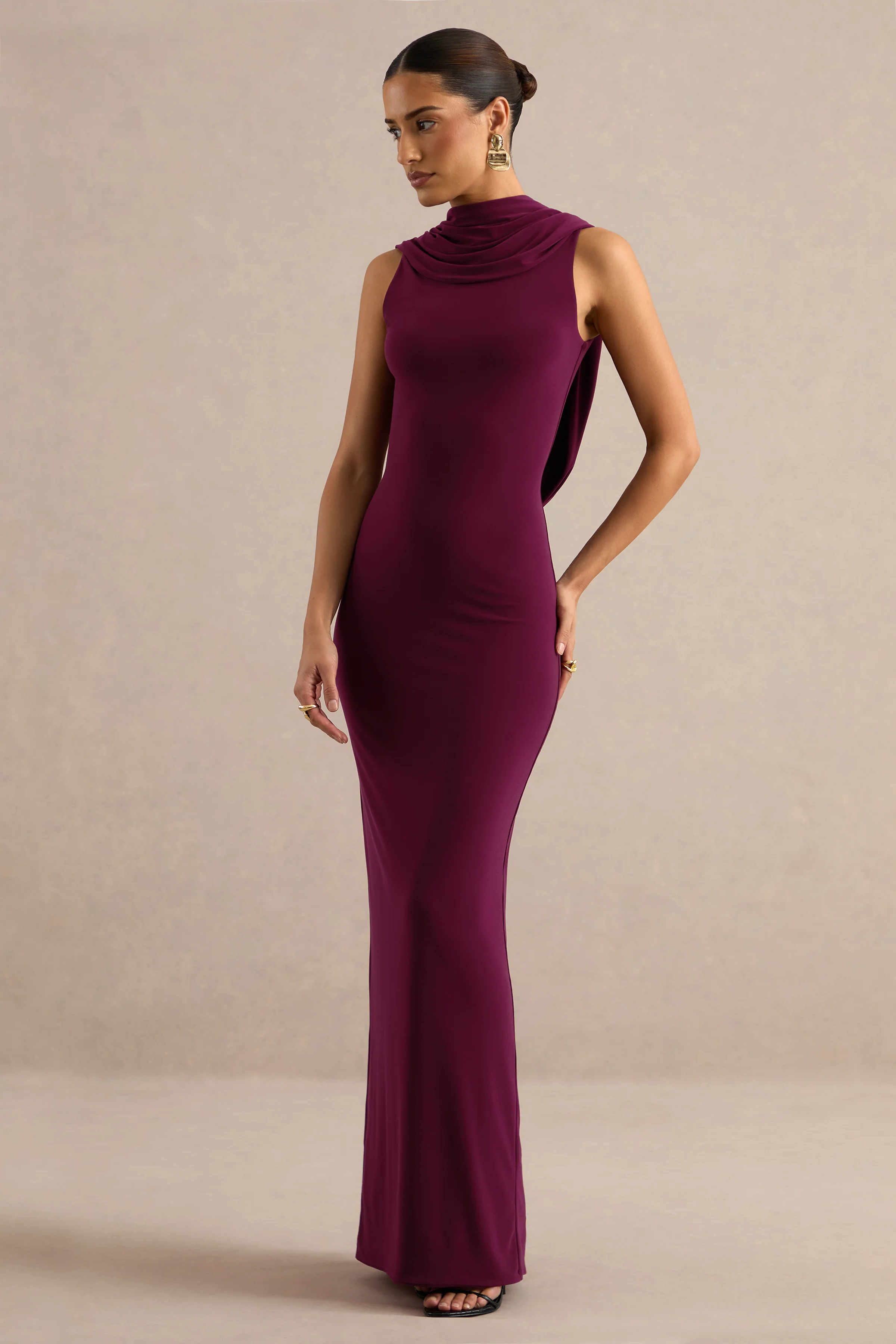 Jolina | Burgundy Jersey High Neck Maxi Dress With Draped Detailing