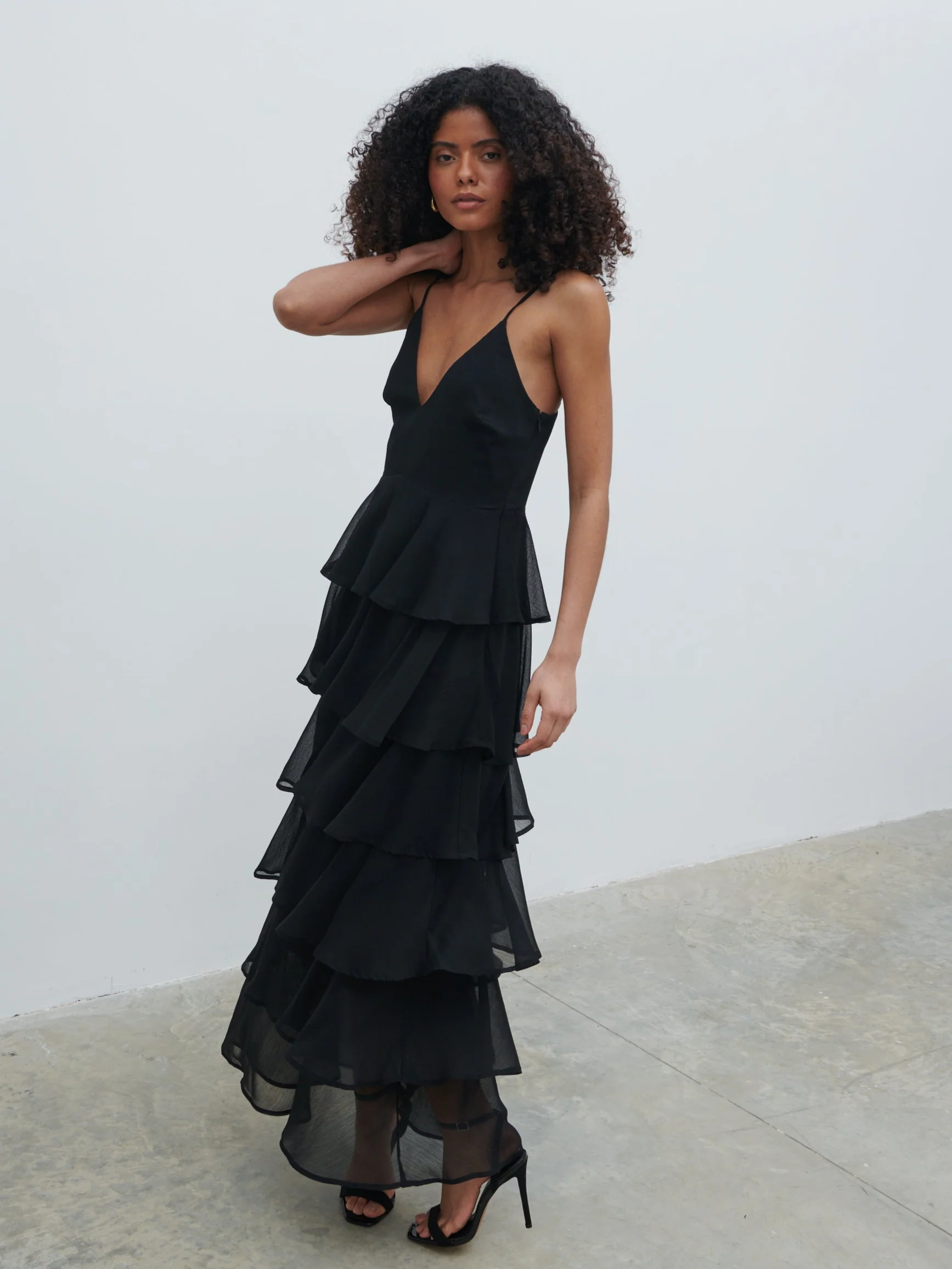 Lissy Ruffle Textured Maxi Dress - Black