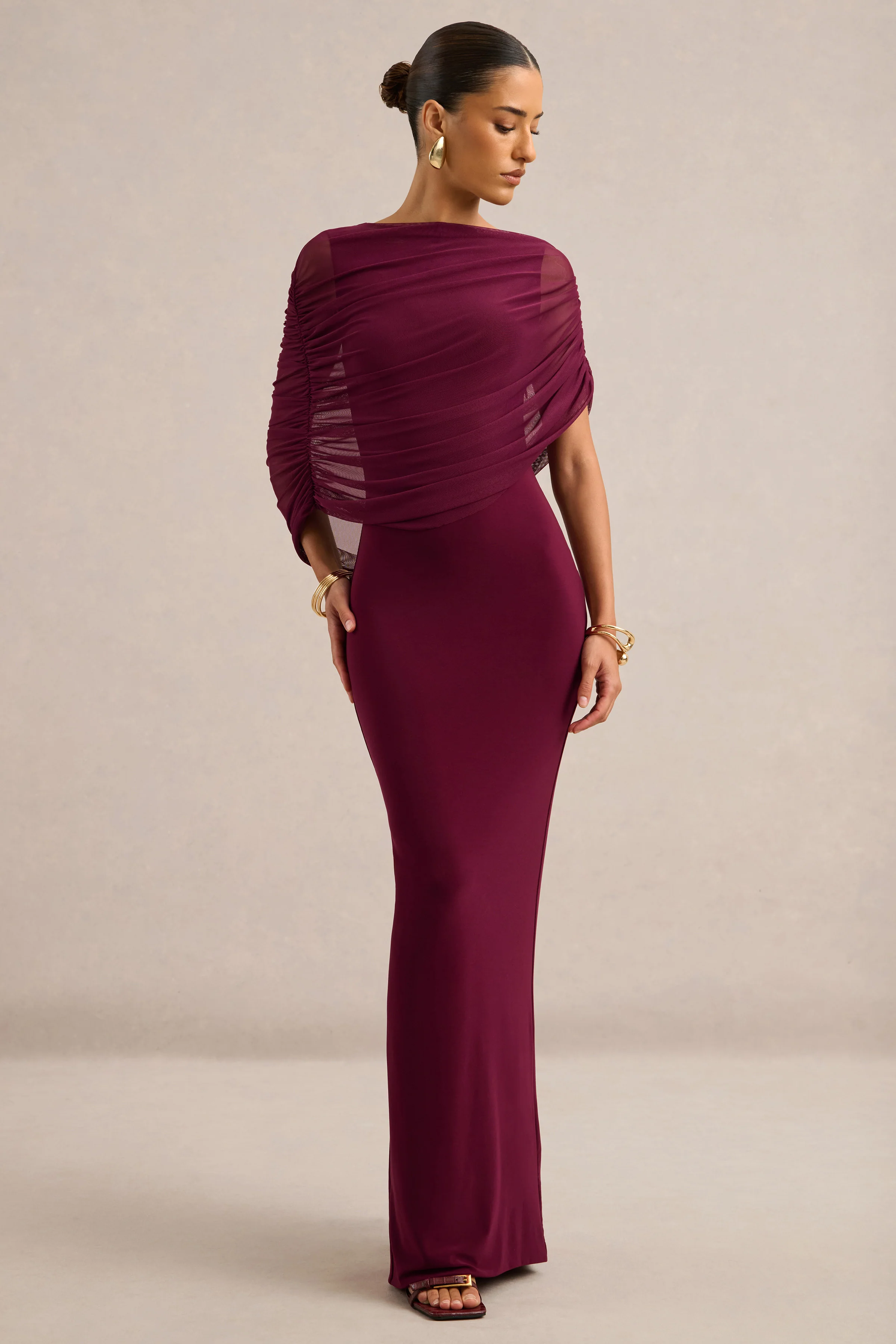 Ciana | Burgundy Jersey Ruched Round Neck Short Sleeve Maxi Dress With Draped Detailing And Back Split