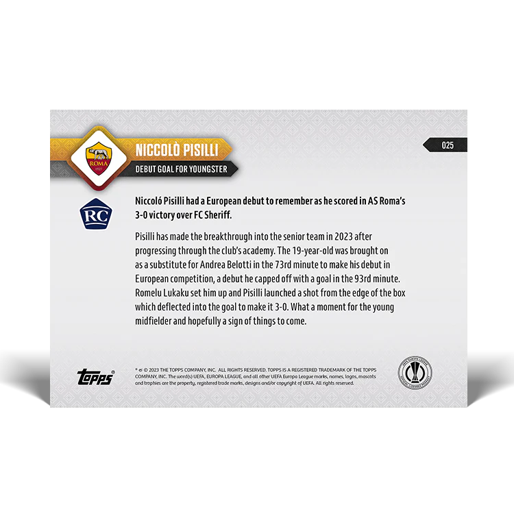 Topps UK - Niccolò Pisilli - Debut goal for youngster - UEL TOPPS NOW® Card #25