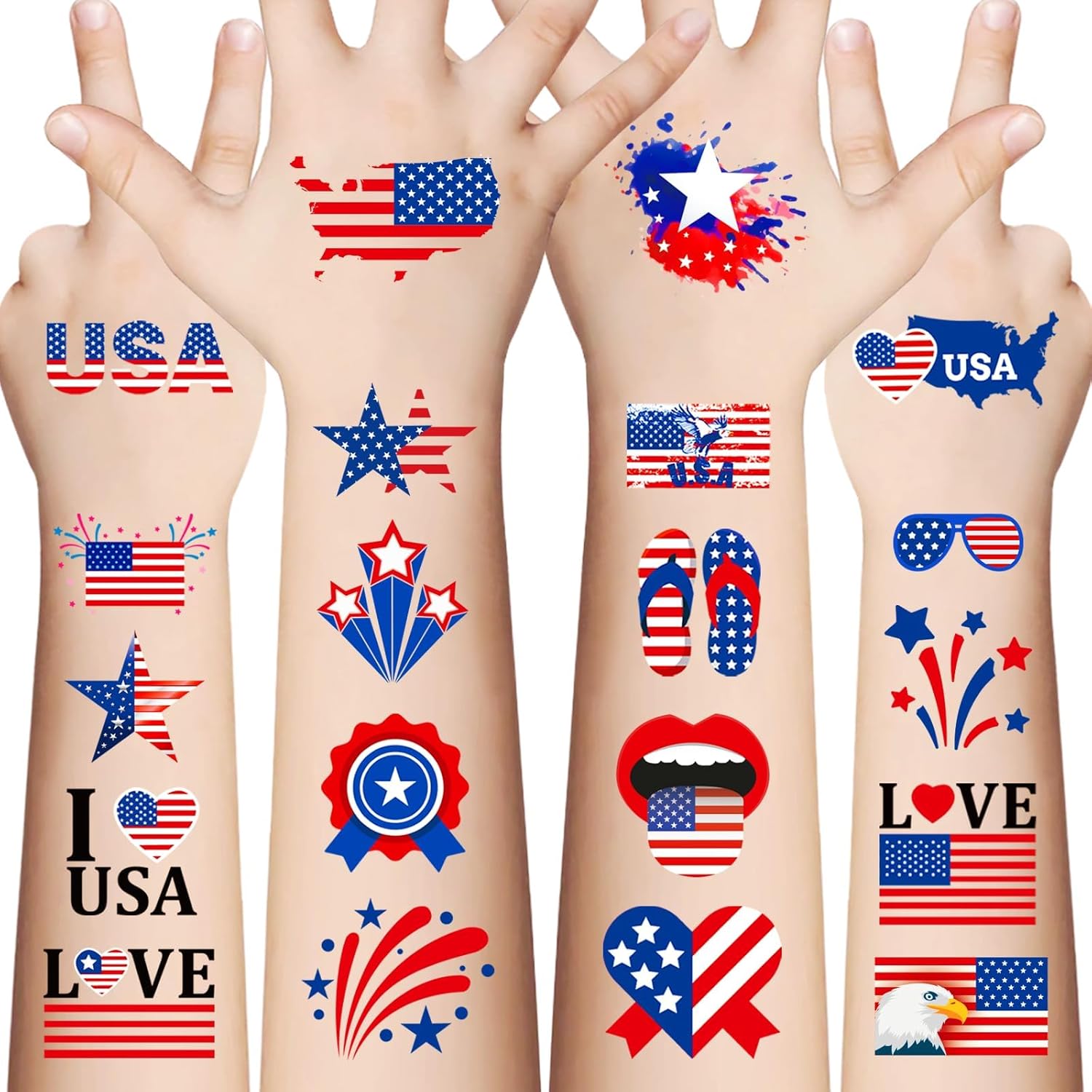 Awinmay 90Pcs Fourth of July Temporary Tattoos,American Flag Red White and Blue Fake Tattoo Stickers, 4th of July,USA Party Favors,Memorial Day, Independence Day, Labor Day Decorations Party Supplies