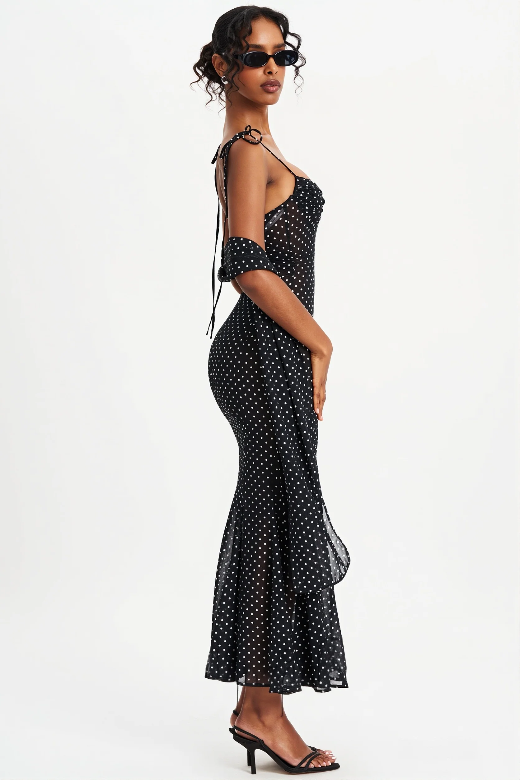 Polka Dot  Ribbon Sheer Bodycon Maxi Dress