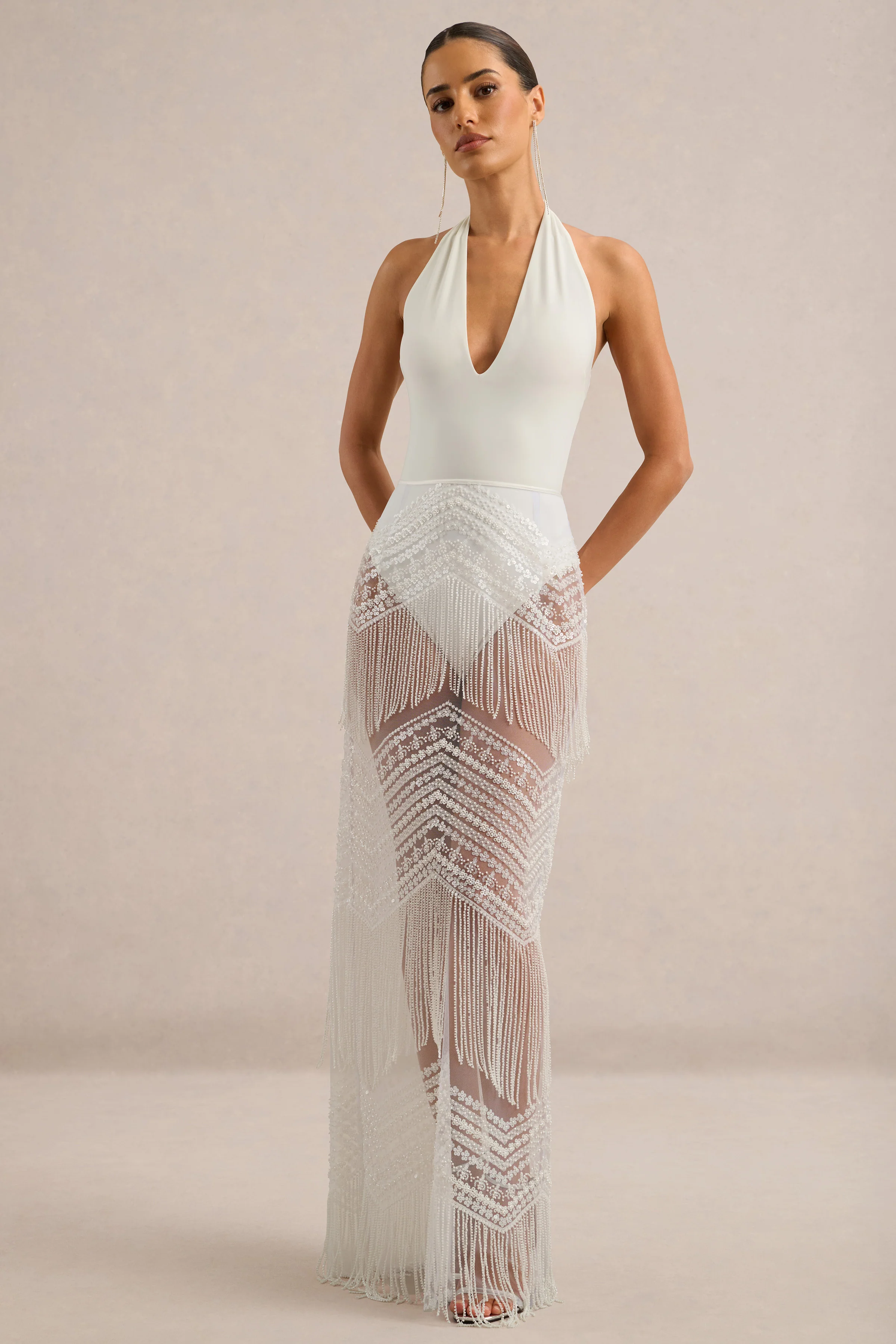 Senna | White Embellished Sheer High Waist Maxi Skirt With Fringe Detailing