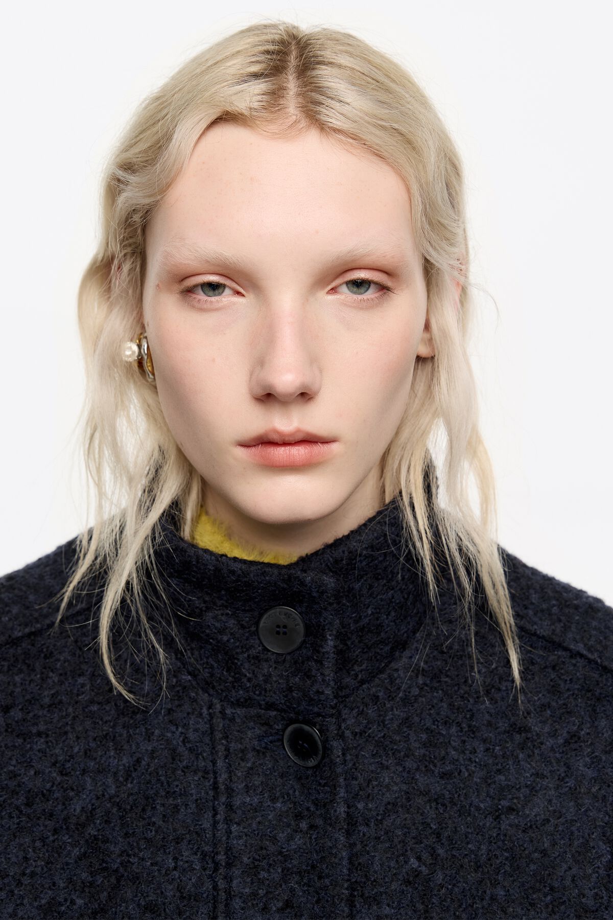 Navy blue midi bouclé wool coat