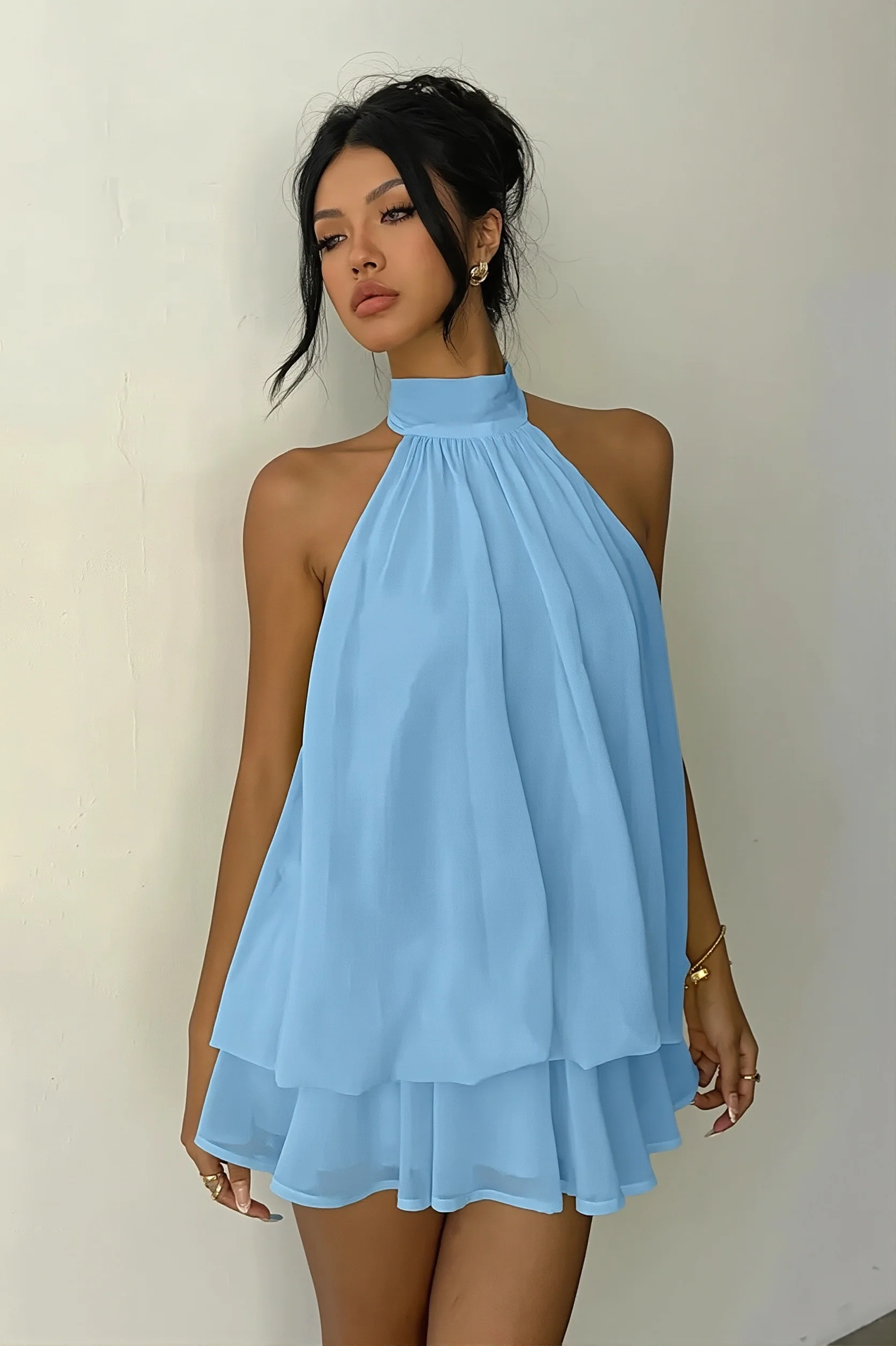 Vacation Halter Backless High Waist Flowy Mini Dress
